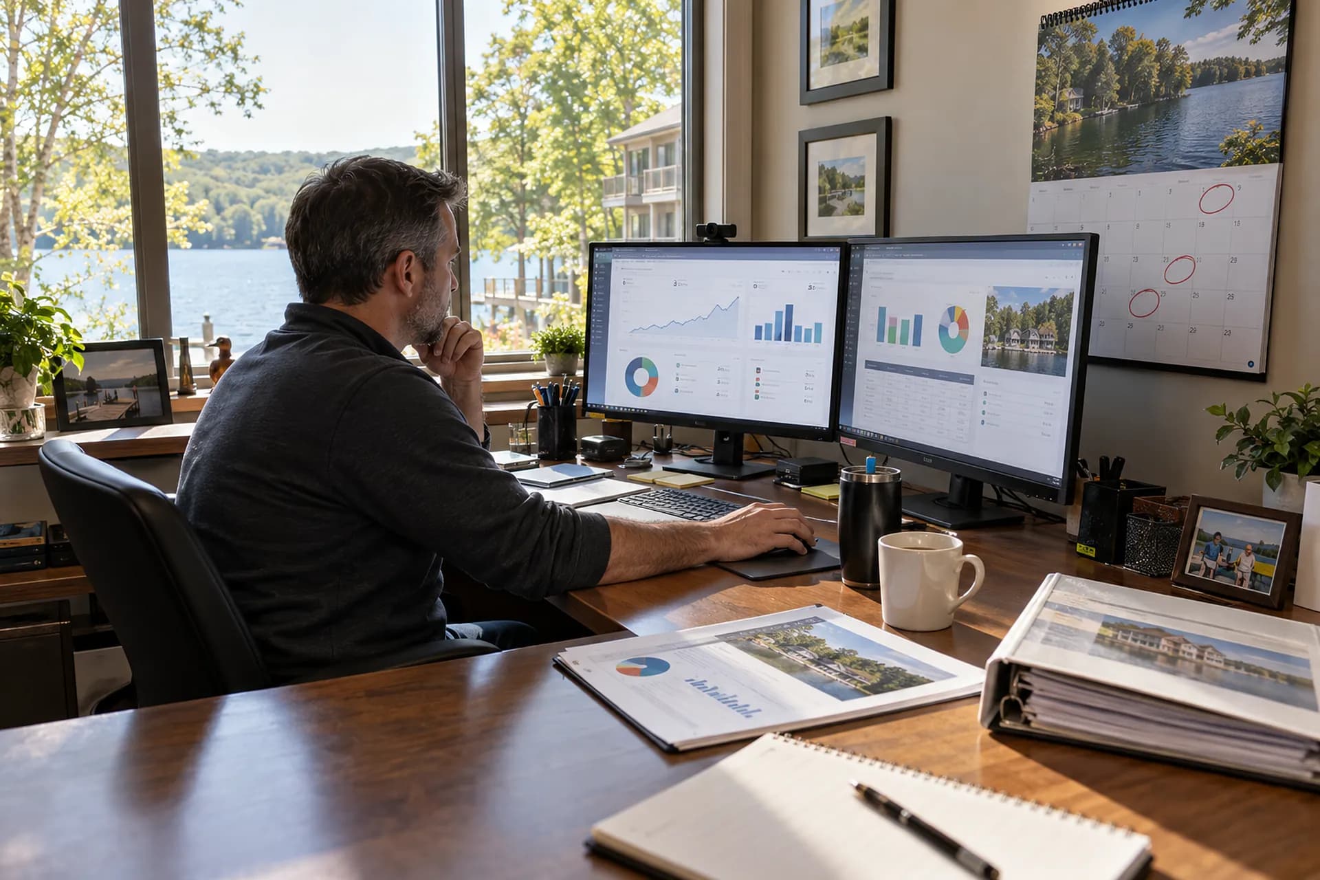 A small hotel office in the morning, two monitors showing revenue, channel and rent-roll tiles beside a commission statement and a lease binder