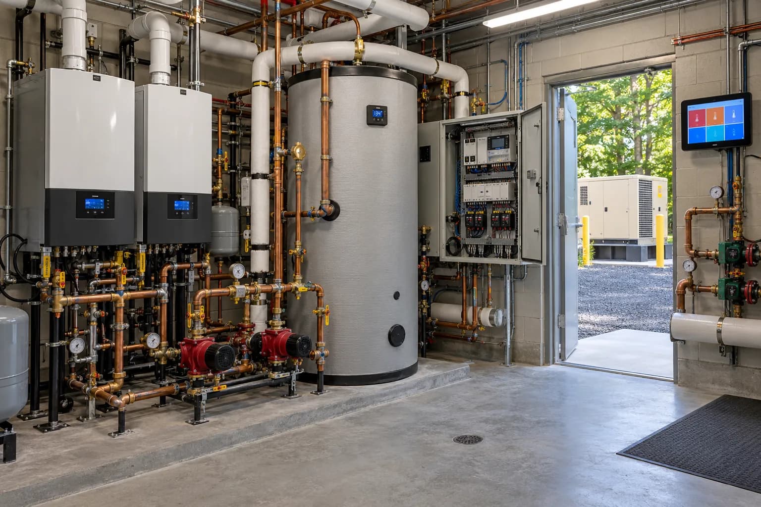 A hotel mechanical room with boilers, a hot-water tank readout, a controller cabinet and a wall tablet showing the building dashboard