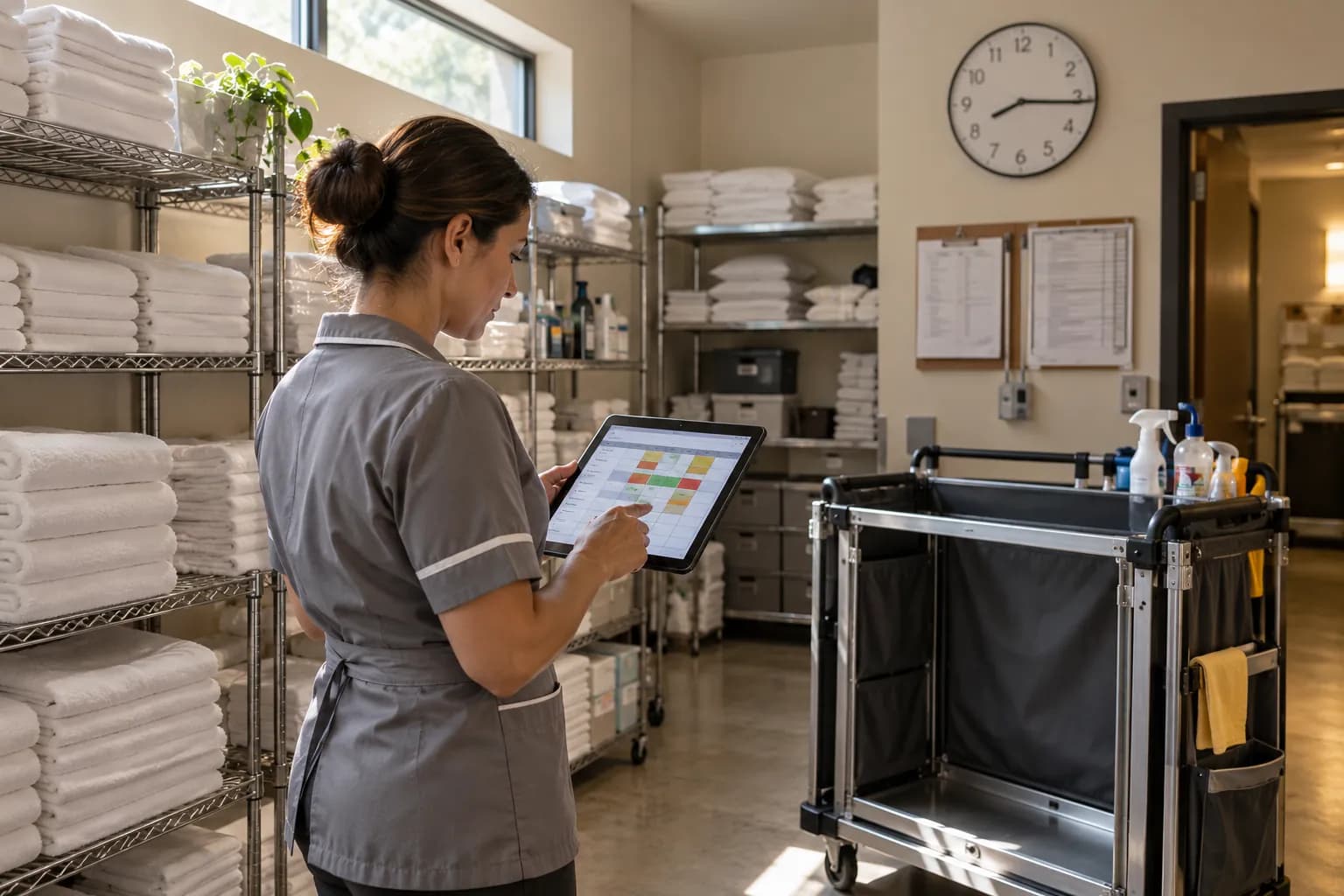 A housekeeping supervisor in the linen room at 08:15 looking at a tablet board beside an unloaded cart