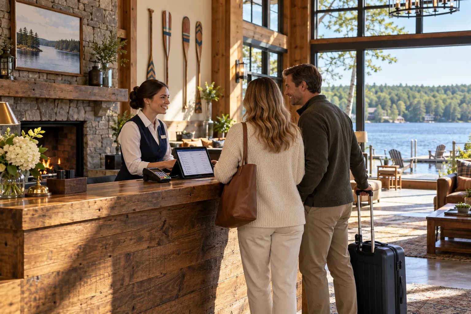 The front desk of a lakeside inn, one agent checking in a couple while a tablet shows the arrivals list