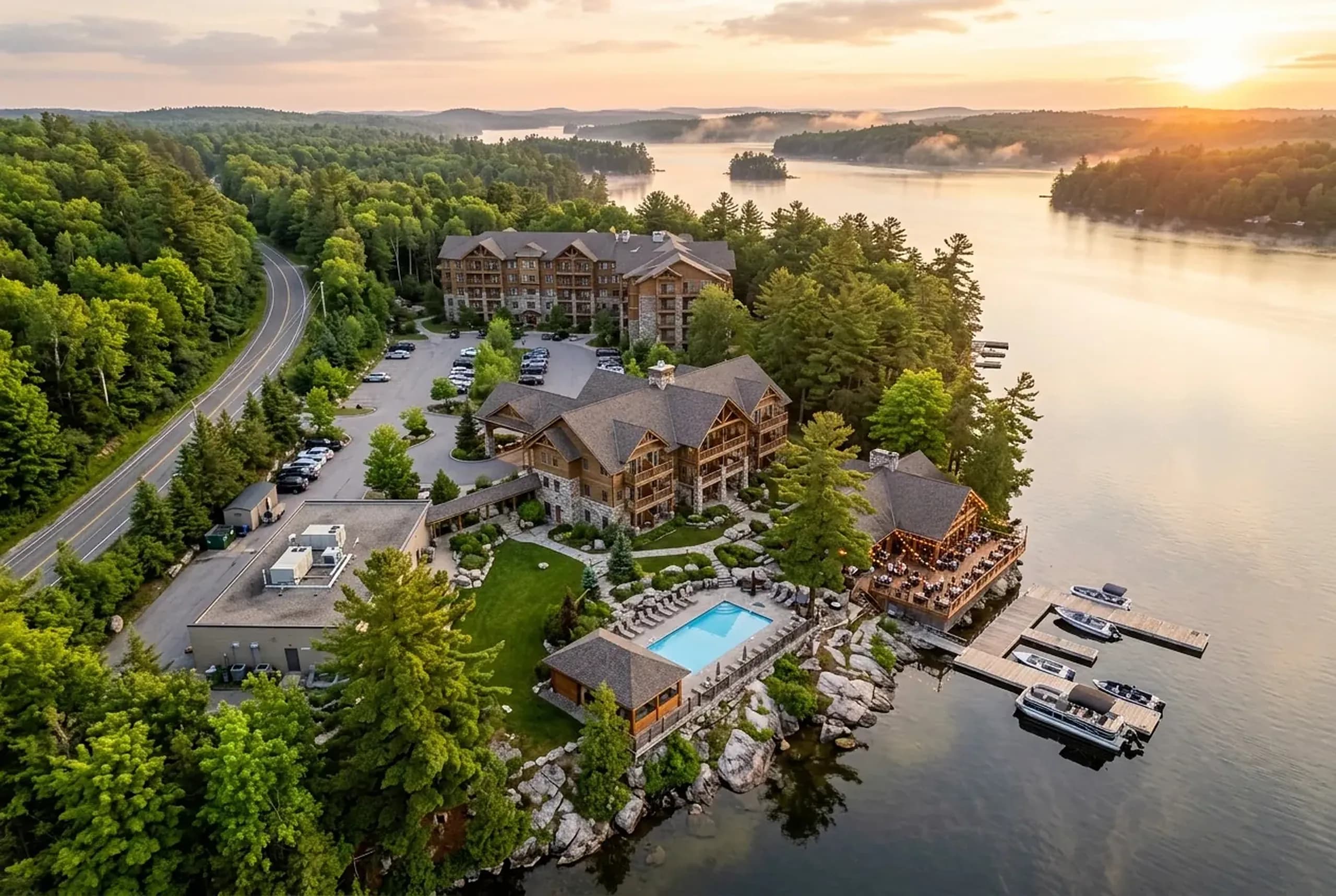 Aerial view of a lakeside Muskoka inn with a pool, spa, restaurant, parking and a residence building
