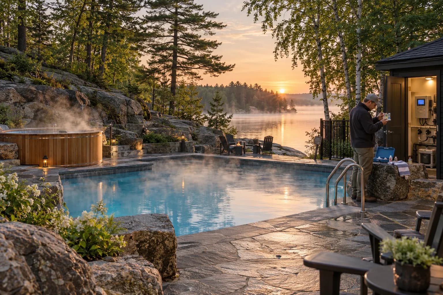 A heated outdoor pool and cedar hot tub on a Muskoka lakeshore at dawn, with the pool operator reading a test kit