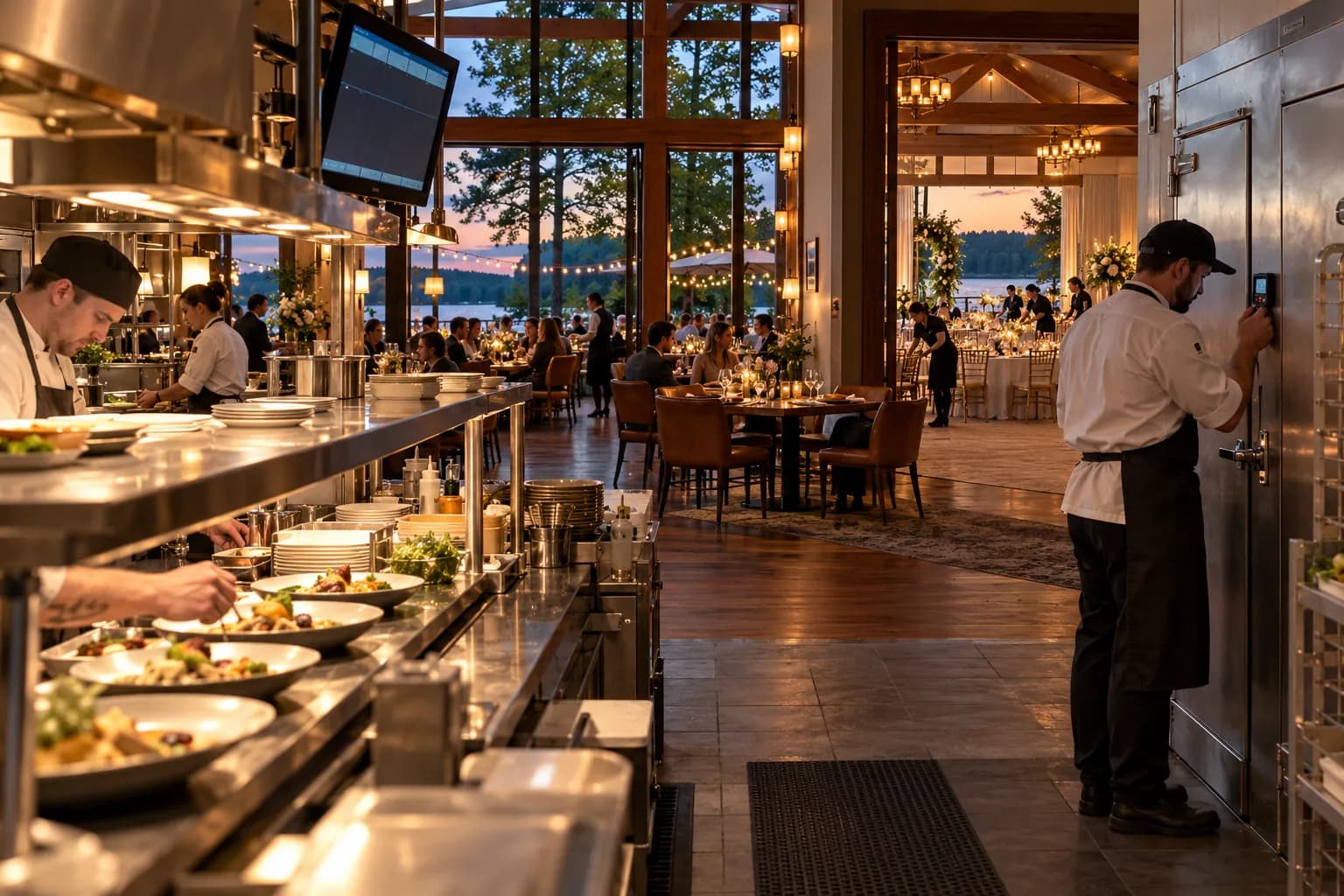 A lakeside hotel restaurant at the start of dinner service, with the kitchen pass and a walk-in cooler probe display