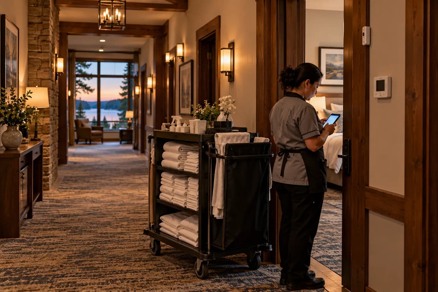 A hotel corridor with a housekeeping cart beside an open guest-room door and an attendant checking a phone app