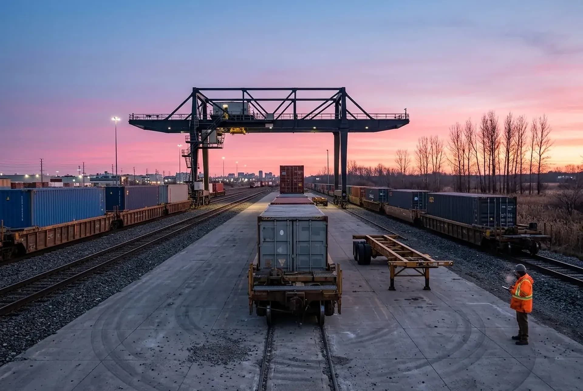 A single 40-foot container on the ramp stack at CN Brampton at dawn, the rail gantry idle behind it, a bare chassis waiting
