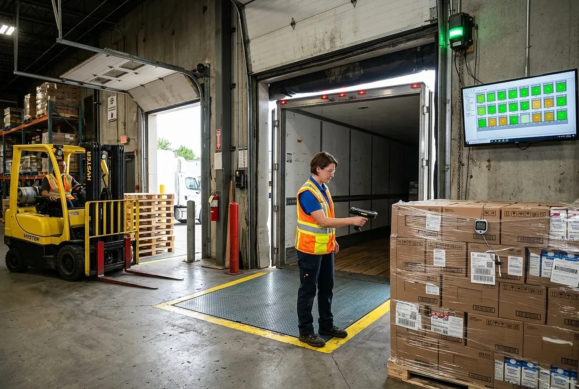 Inside the receiving dock: a trailer backed to a door with the restraint engaged, a receiver scanning a pallet against the ASN, a probe thermometer in a case of dairy
