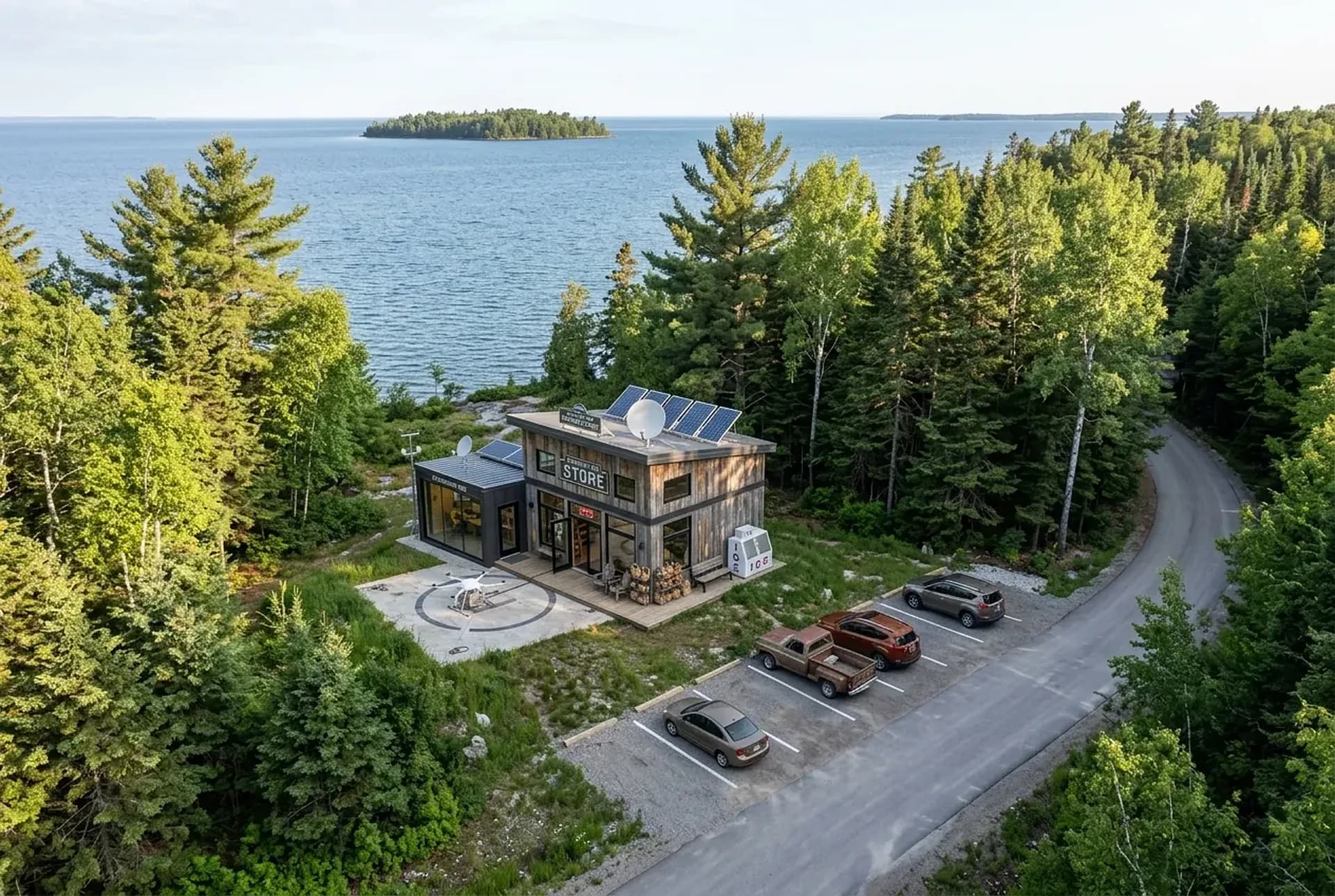 The shore drone hub: a white delivery drone on its pad, the operations console behind the glass, a weather mast, open water on Georgian Bay