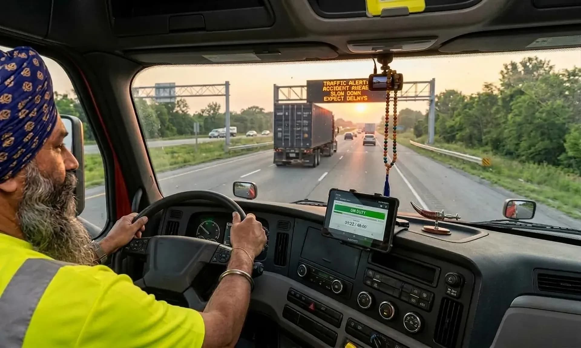 A tractor-trailer on the 401 at dawn, the ELD tablet in the cab showing hours of service, a highway sign ahead