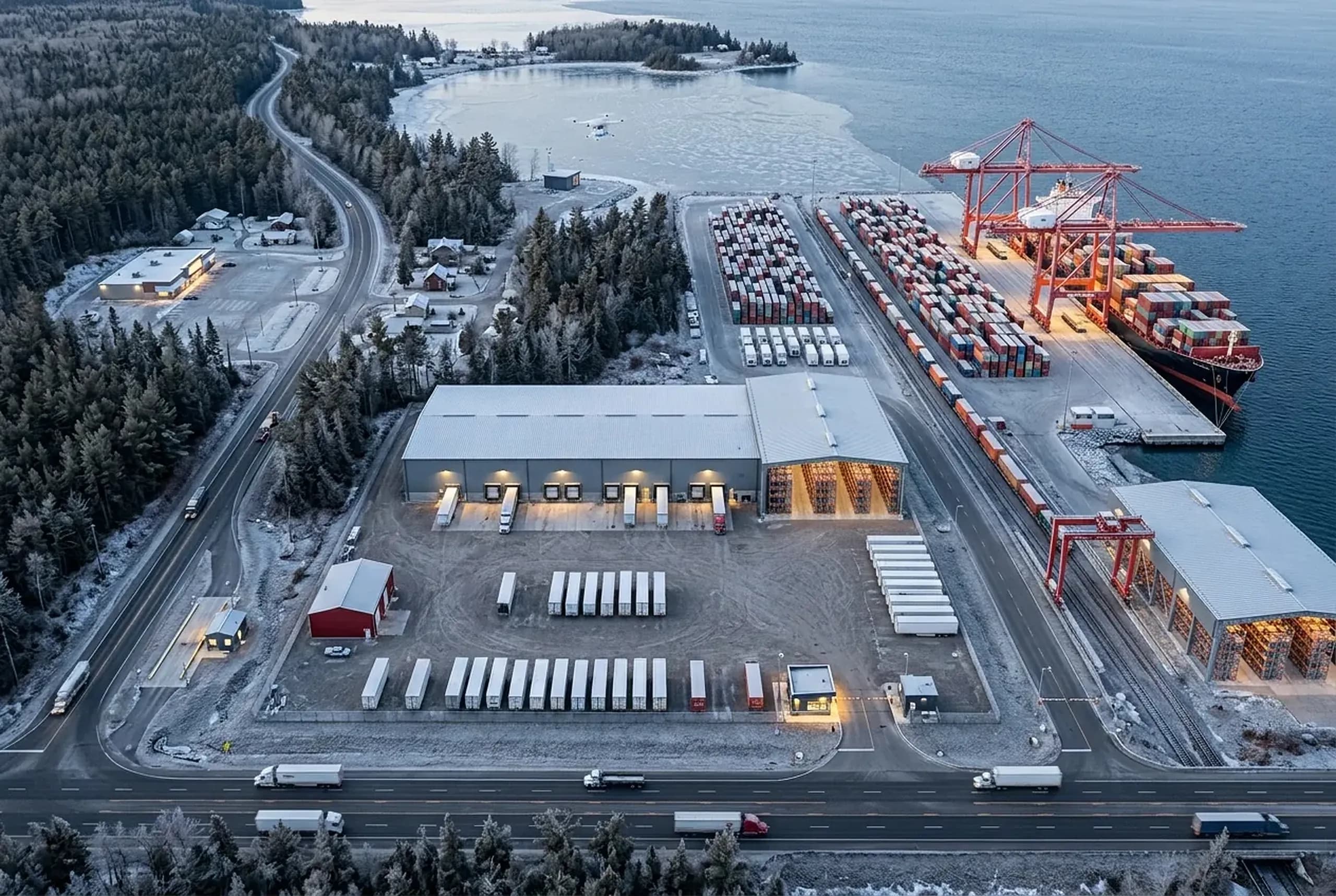 Aerial view of the Grand River Freight chain: a container ship under two gantry cranes at the Port of Montreal, a CN rail ramp, the 401, the Cambridge warehouse with its dock doors and fenced yard, and Store 14 and the drone hub on Georgian Bay