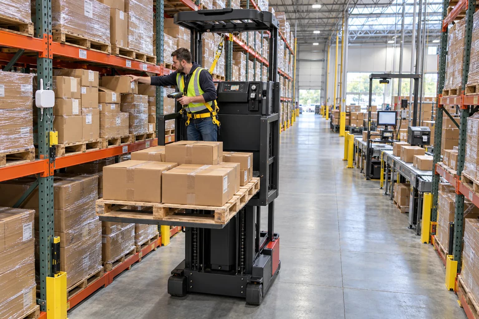 A picker on an order picker in a selective racking aisle, RF scanner in hand, a pack station with a scale and label printer at the aisle end