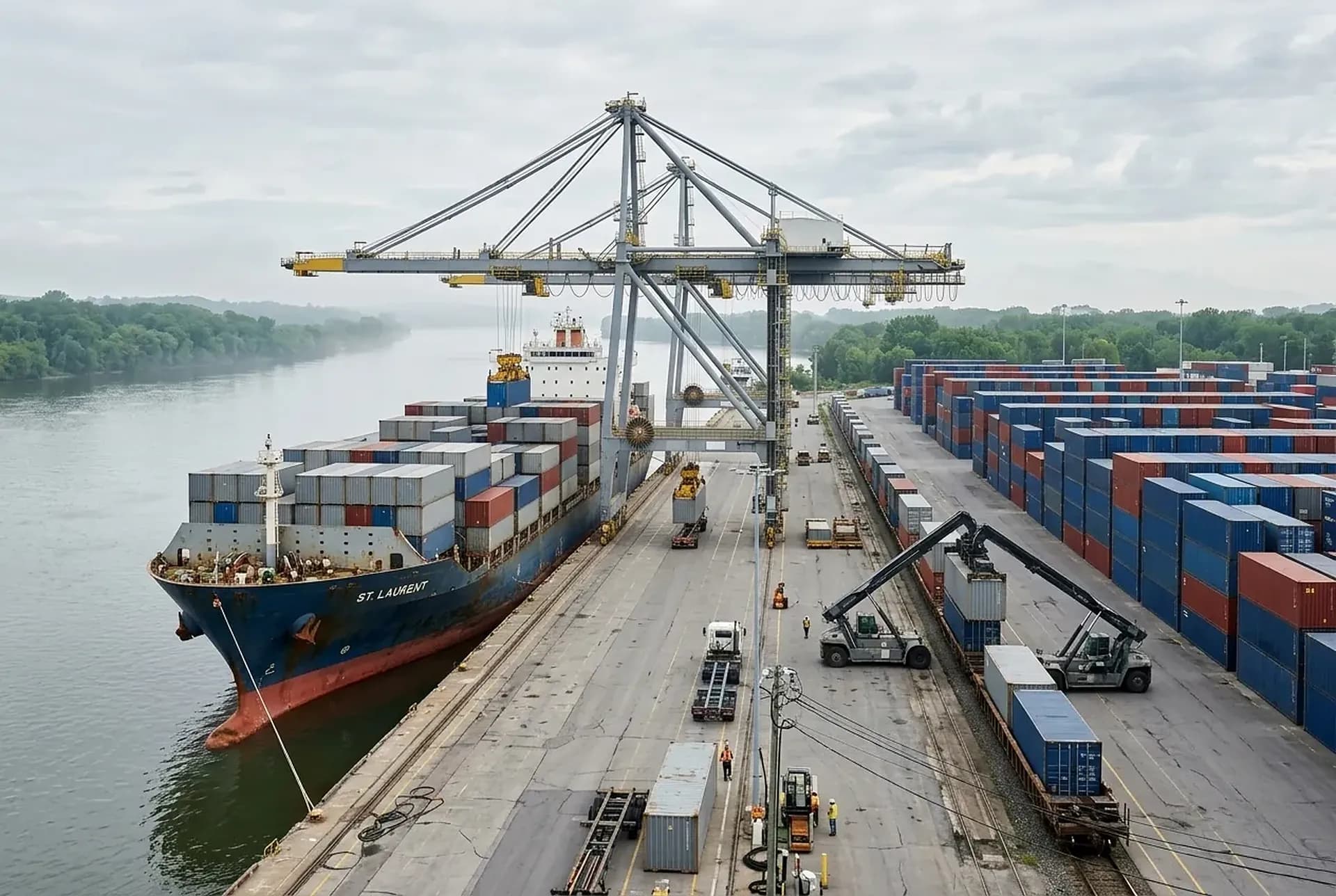 A container ship under ship-to-shore gantry cranes at a Montreal container terminal, a container train on the on-dock rail behind the stacks