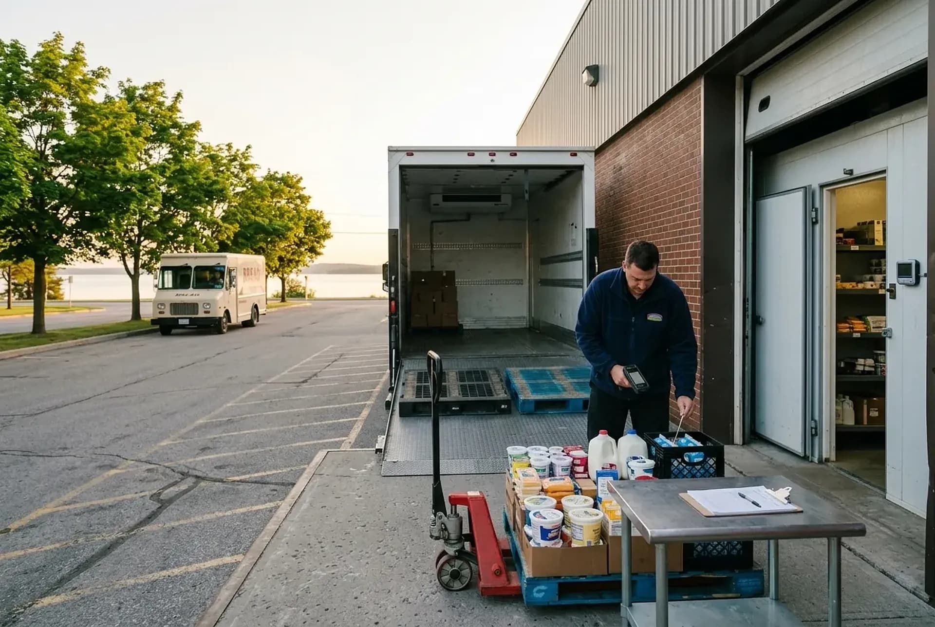 The lift-gate back door of Store 14 in Penetanguishene at sunrise: a clerk with a handheld checking a dairy pallet, the reefer's lift-gate down, the walk-in cooler door open behind