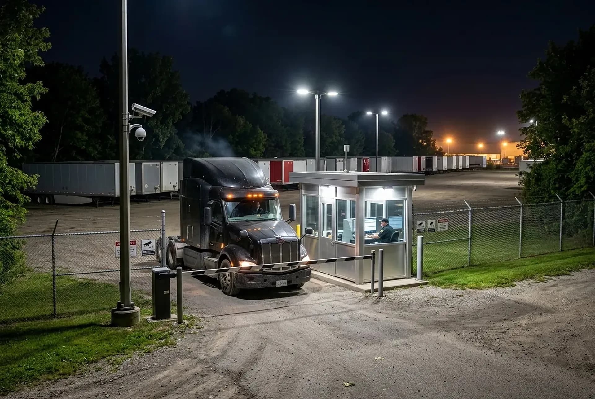 The gatehouse at 04:40: a tractor at the barrier under the lane lights, the kiosk screen lit, rows of parked trailers behind the fence