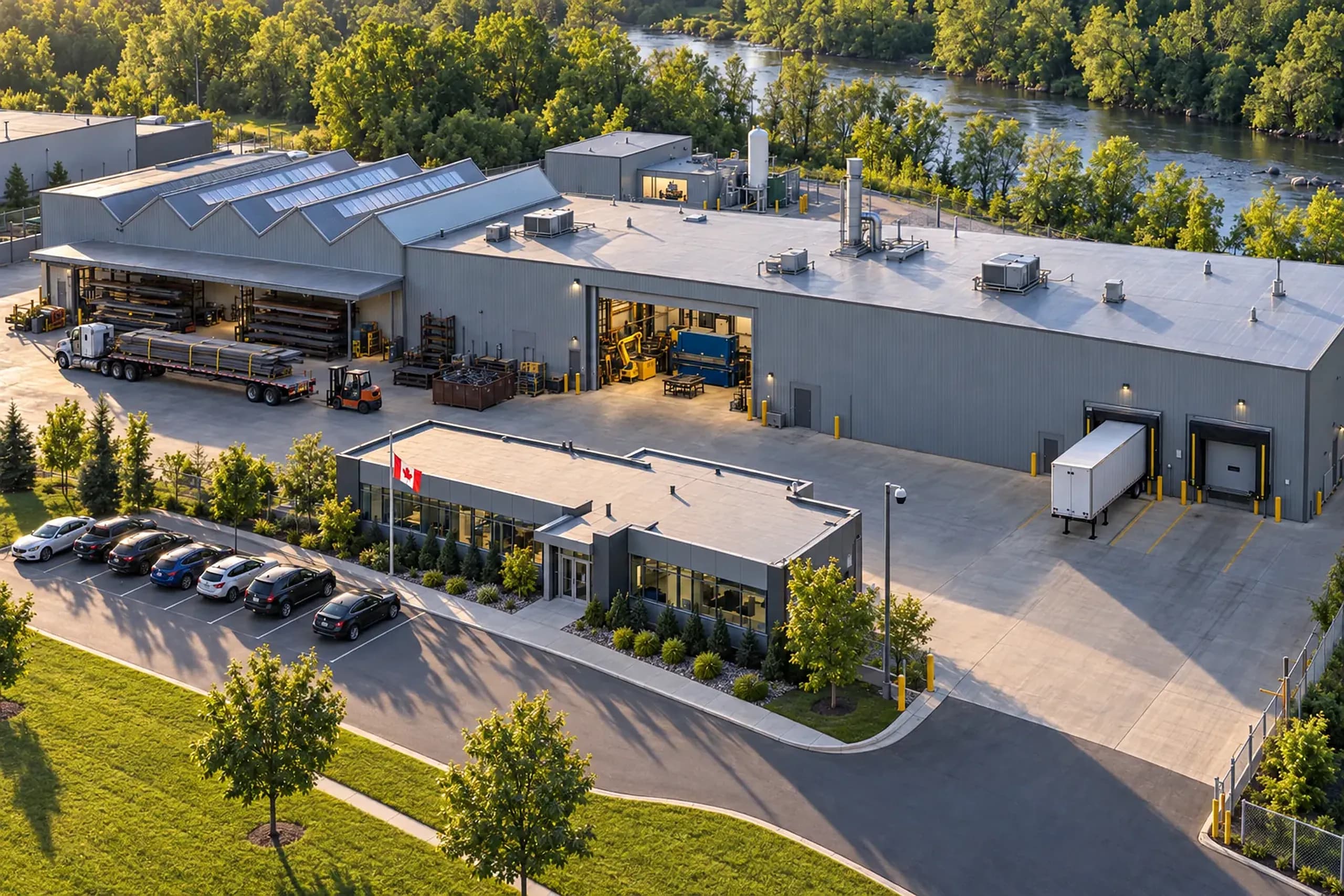 Aerial view of Speed River Fabrication: a sawtooth-roofed plant beside the Speed River in Guelph, steel racks and a flatbed at receiving, two trailers at the shipping dock, the glass-fronted office by the road and the tool-crib annex with its compressor pad