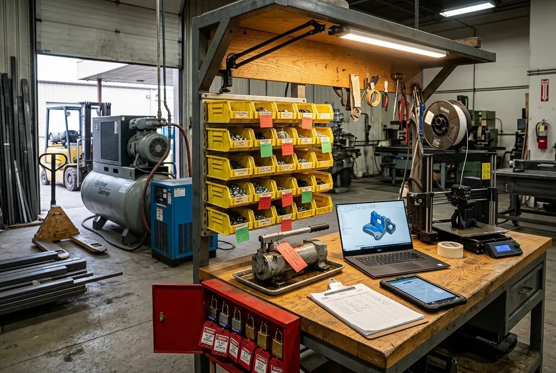 The tool crib and maintenance bench: a desktop 3D printer printing a sensor bracket, spare-parts bins with min/max tags, a lockout station and the compressor through the door