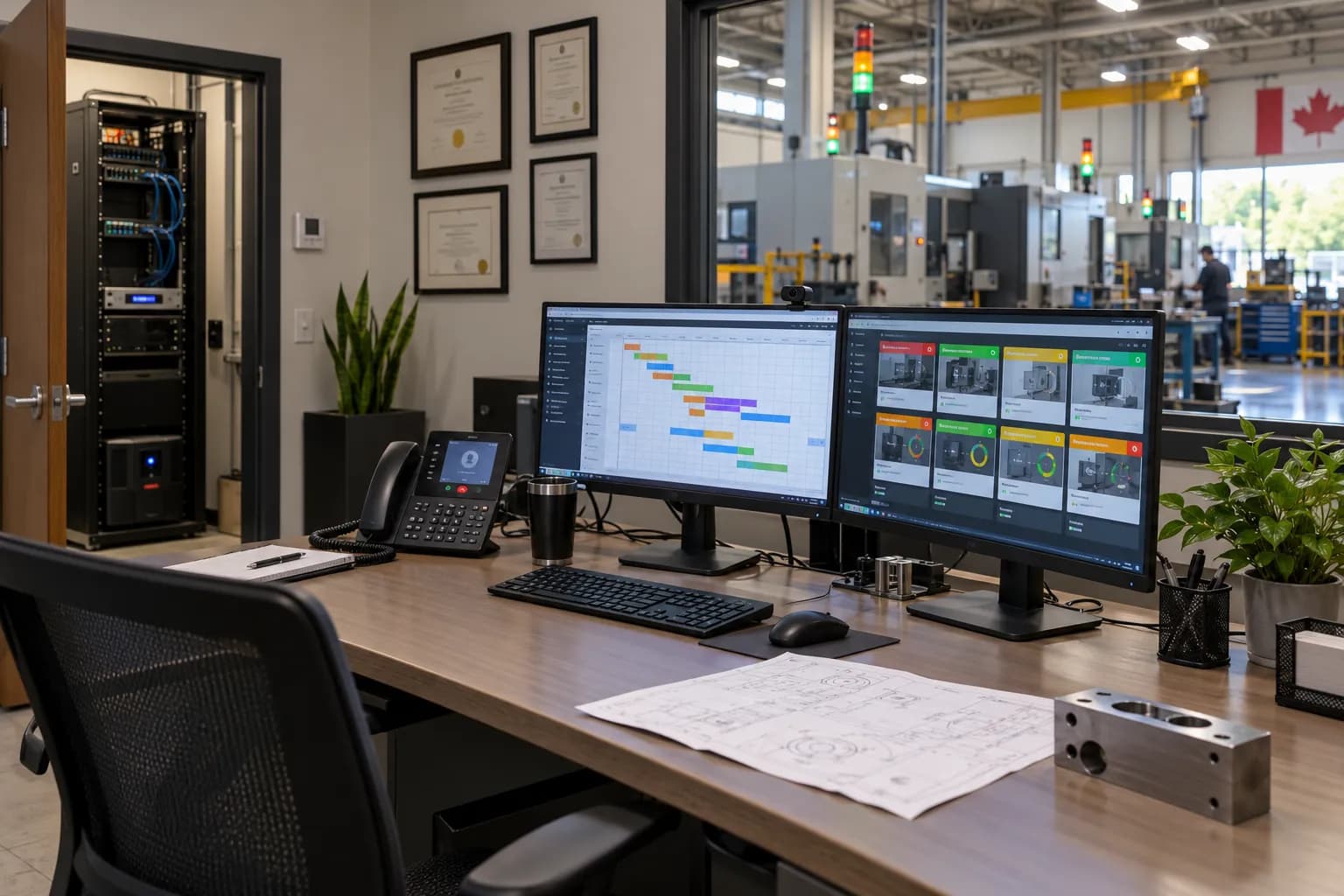 The front office: two screens with the schedule and the quote log, a drawing on the desk, the window onto the shop floor and the network rack through an open door