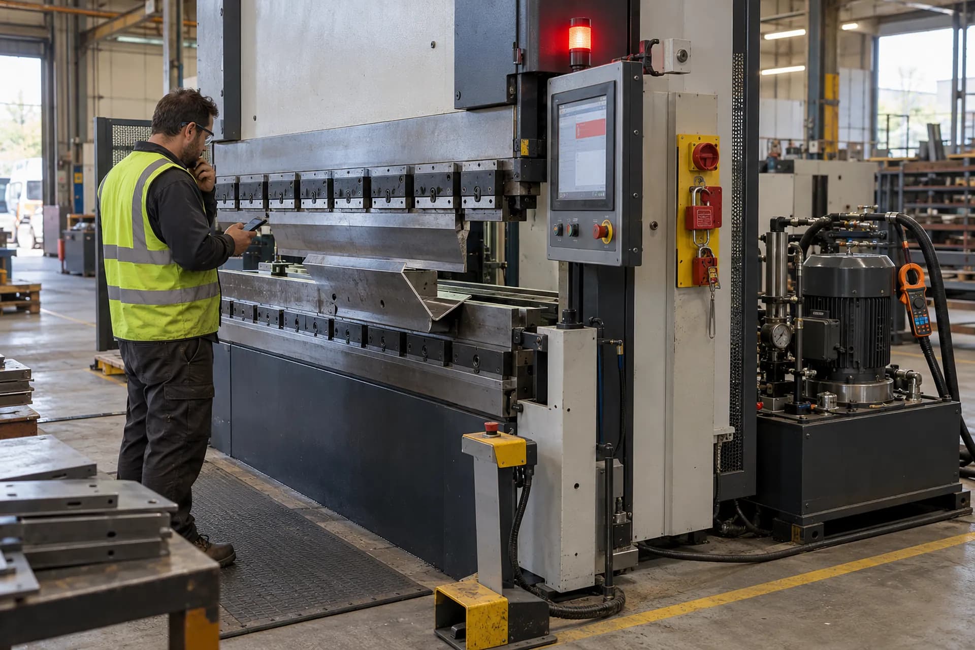 The press brake stopped mid-bend with a red stack light, the hydraulic power unit behind it and a technician reading the fault on the HMI