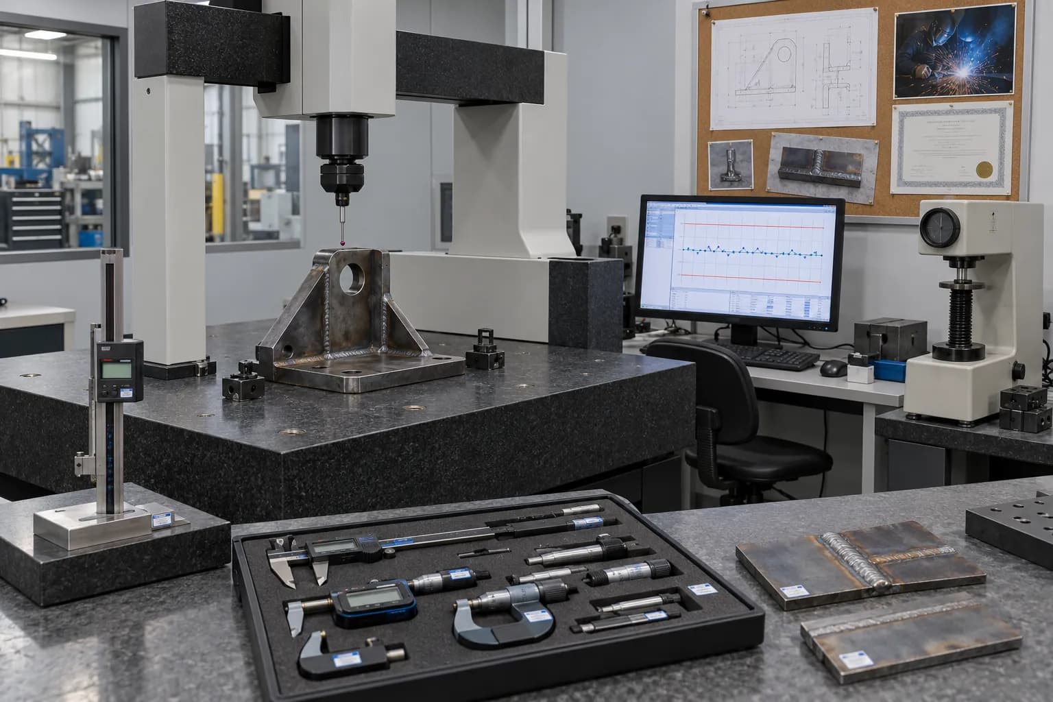The inspection room: a CMM measuring a welded bracket, Bluetooth calipers in a foam tray, a hardness tester and a calibration sticker on every gauge