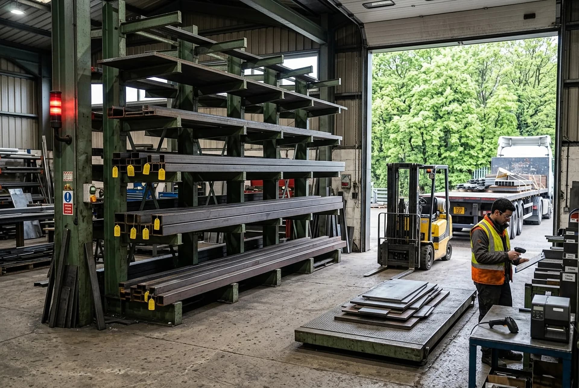 The receiving end: plate and tube on a cantilever rack with heat-number tags, a floor scale, a scanner on the bench and a flatbed outside the door