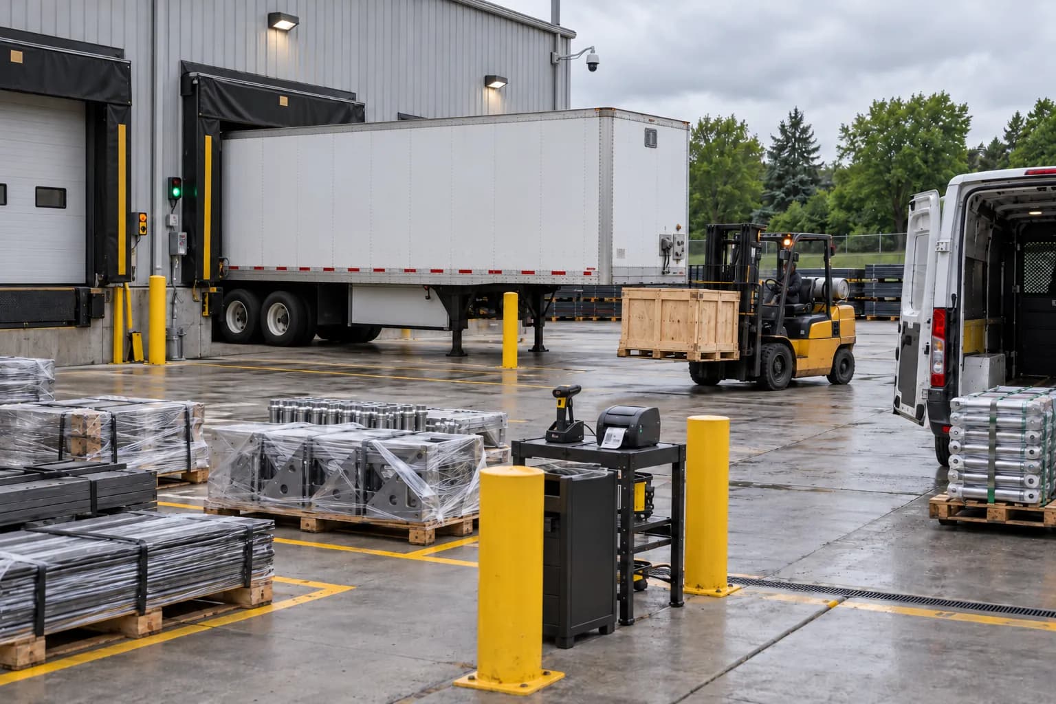 The shipping dock: wrapped pallets staged in painted lanes, a scan-verify station with a label printer, a trailer at dock 2 and a skid back from the plater