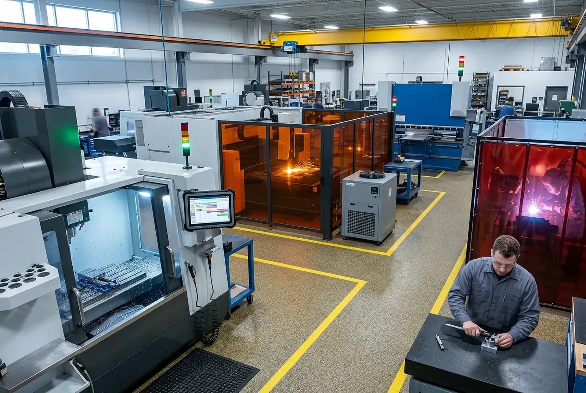 Inside the shop: a Mazak vertical machining centre in cycle, the Haas beside it with its stack light on amber, the fibre laser behind orange glass and the press brake under the crane