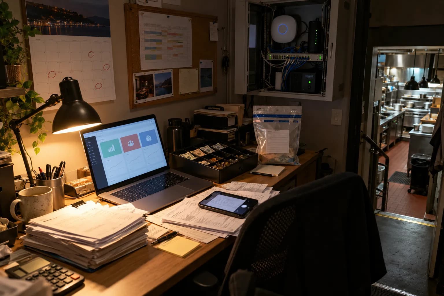 The small office over the kitchen after close: a laptop with the morning flash dashboard, a stack of invoices, the network closet with a UniFi gateway and a UPS, the wall calendar
