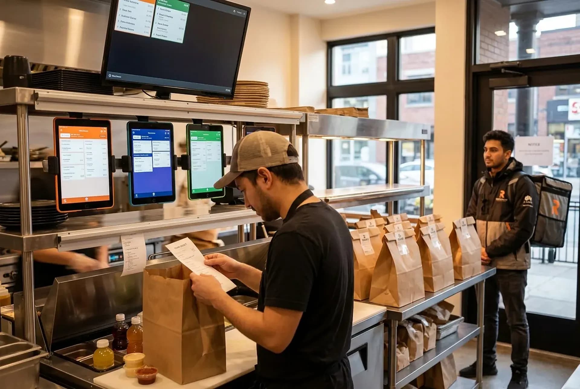 The pass during the Friday peak: three delivery tablets in a row, sealed bags on a heated pickup shelf, an expo checking a chit against a bag