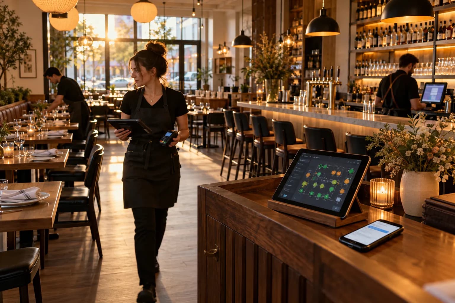 The dining room before service: a host stand with a tablet floor plan, a server carrying a handheld, the bar along the back wall and tables set under pendant lights