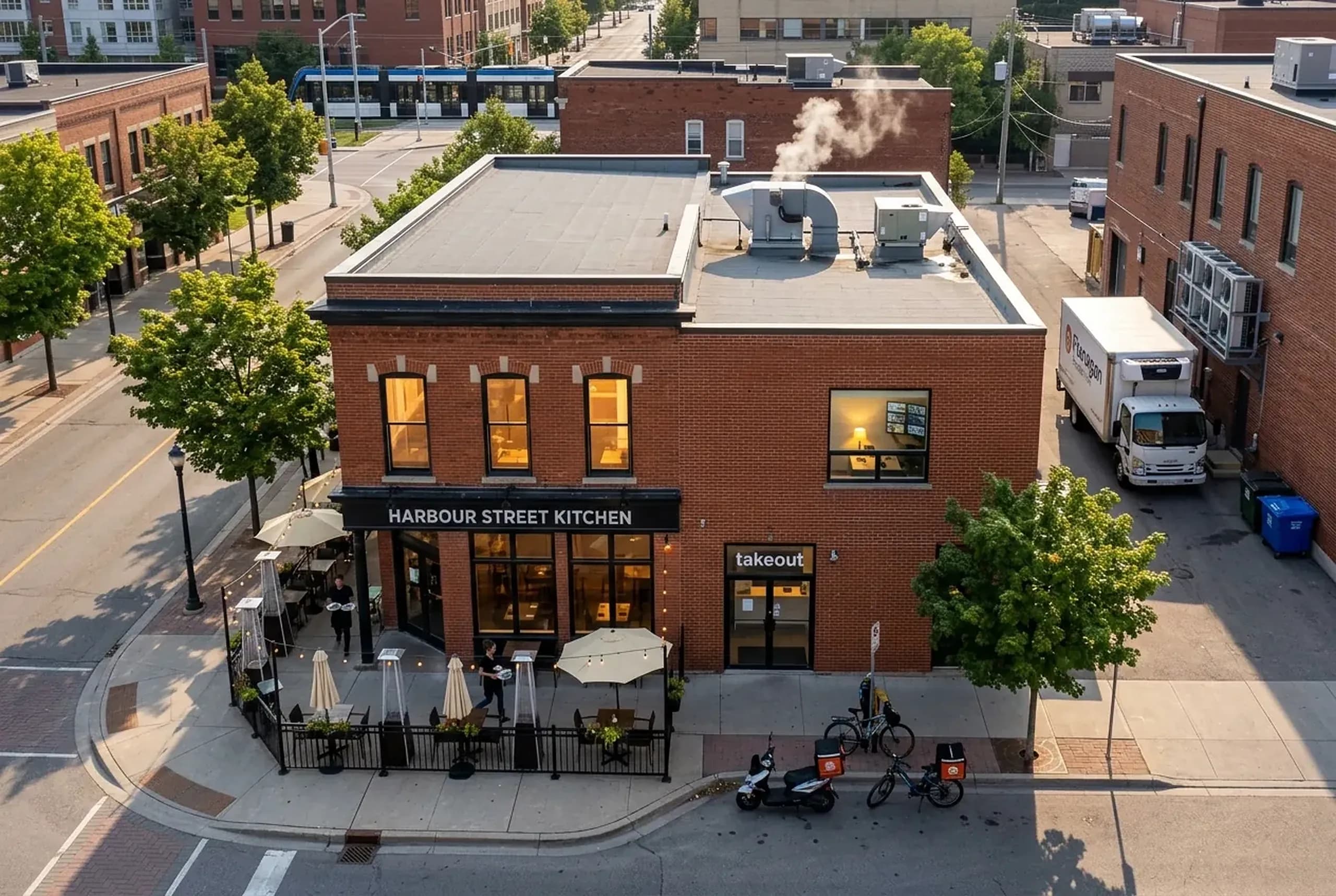 Aerial view of Harbour Street Kitchen: a red-brick corner restaurant in downtown Kitchener with a sidewalk patio under string lights, a takeout door with delivery scooters, the kitchen roof with its exhaust fan, the back lane with a delivery truck and walk-in condensers, and a lit office window upstairs