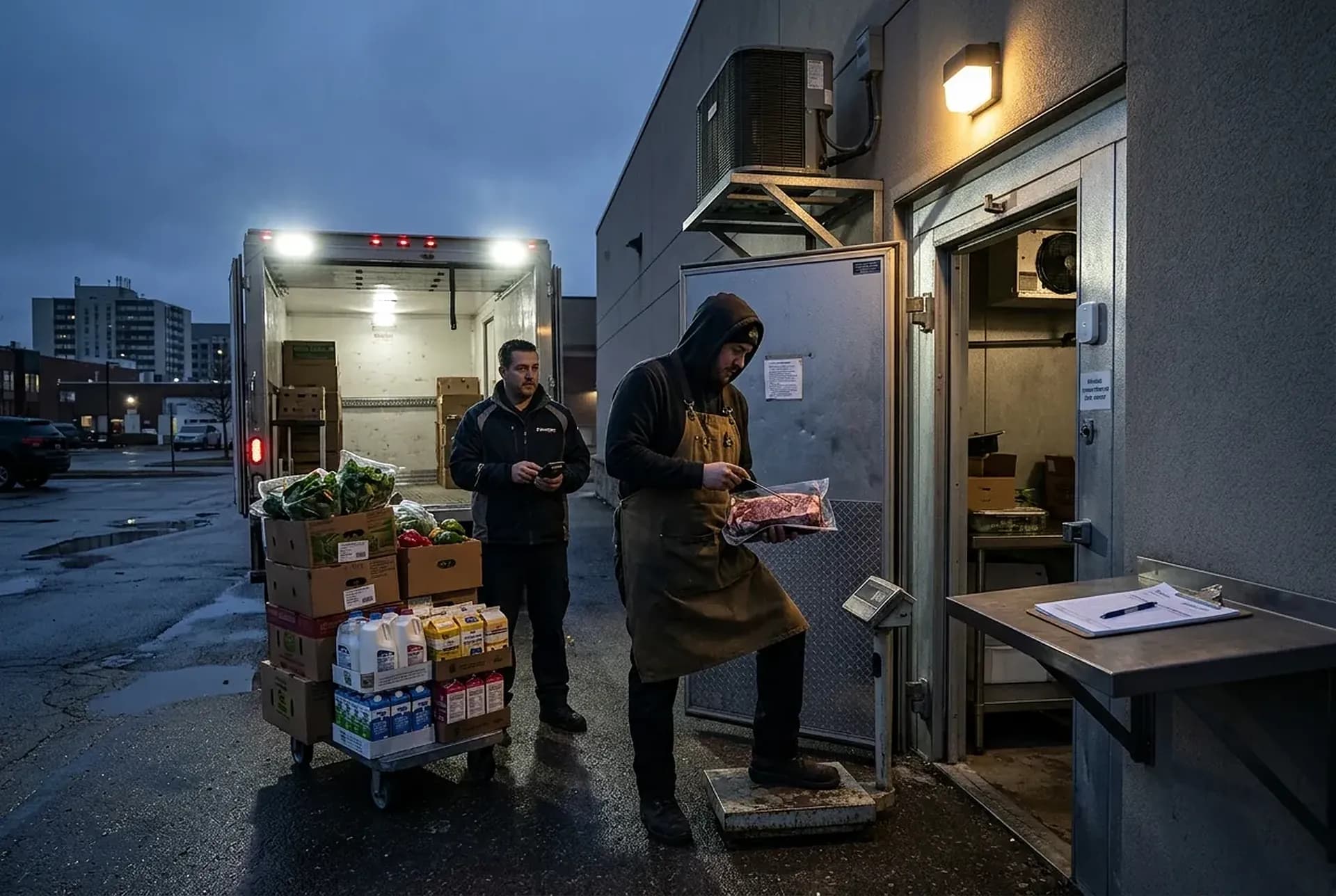 Receiving before sunrise: an opener probing a case of striploin on a scale at the back door, the walk-in door open with a sensor on the frame, cases on a dolly