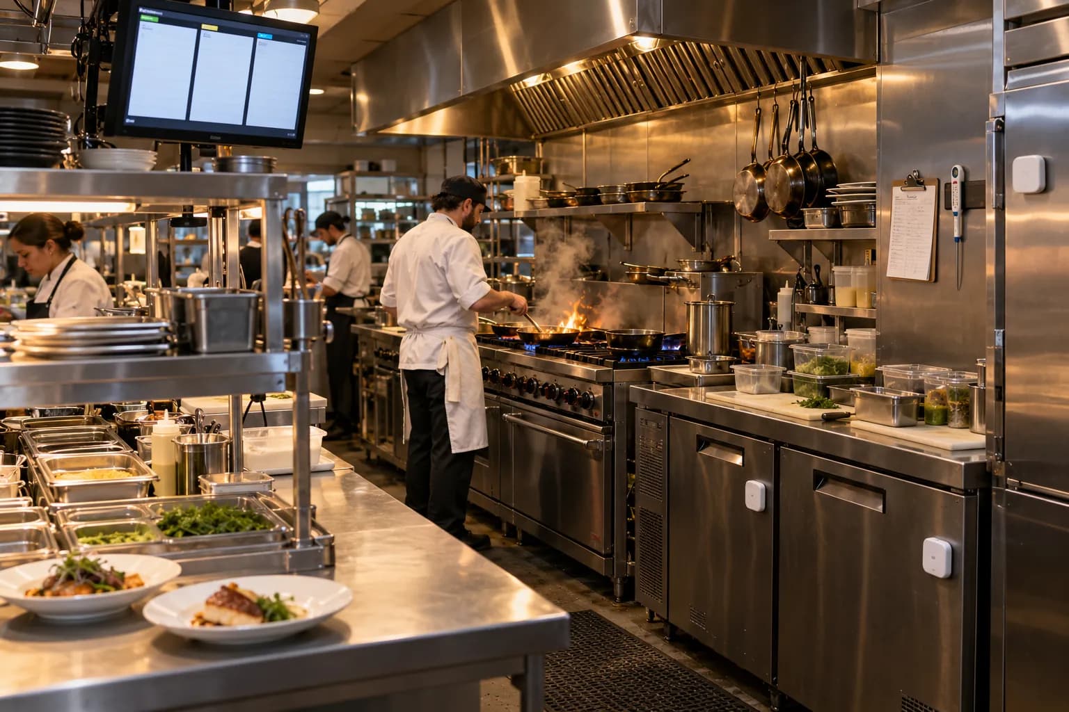 The kitchen line at the start of service: the pass with a kitchen display screen, a cook at the sauté station, lowboys with small wireless sensors, the hood above the range