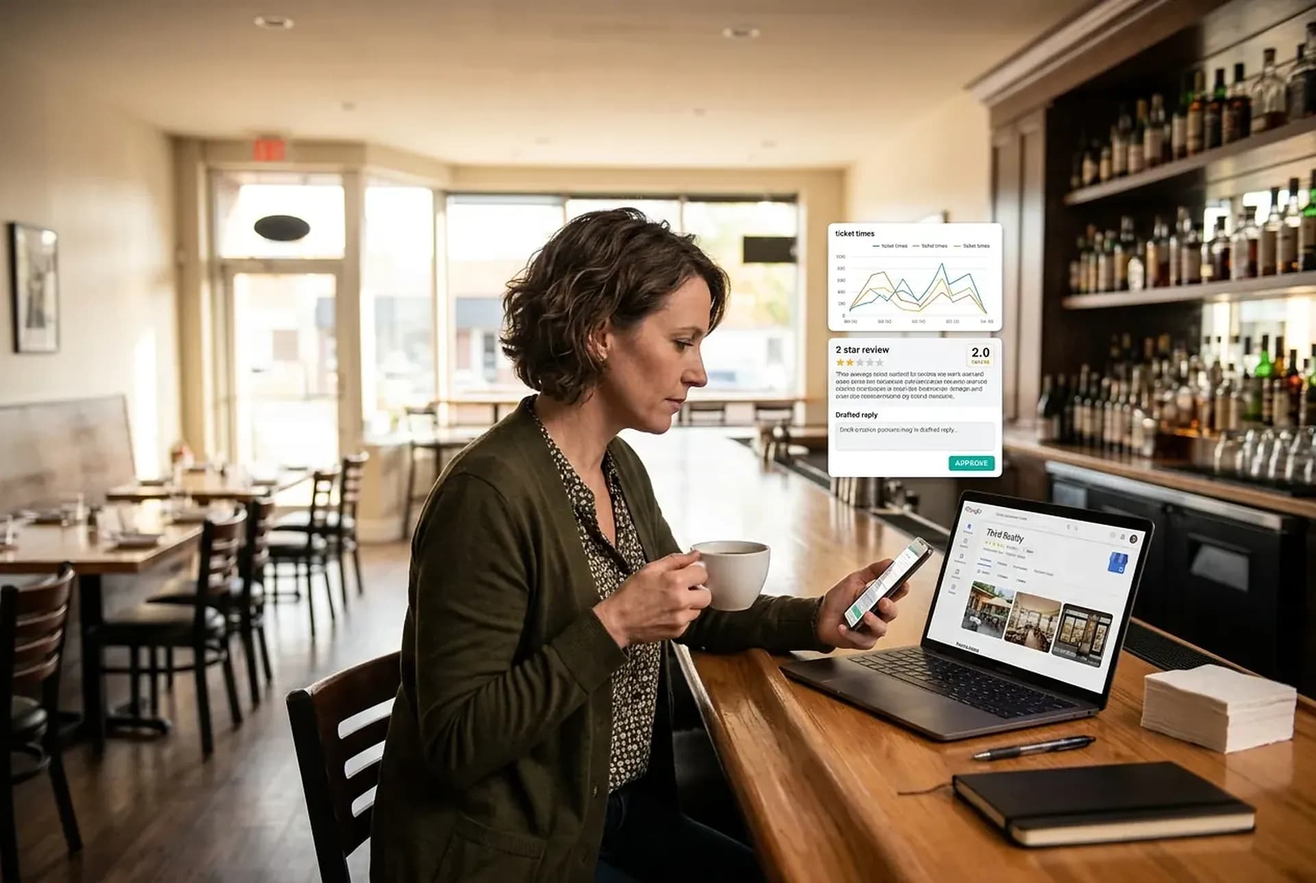 The owner at the end of the bar with a phone showing a review beside the shift it came from, a drafted reply ready to approve, the dining room behind
