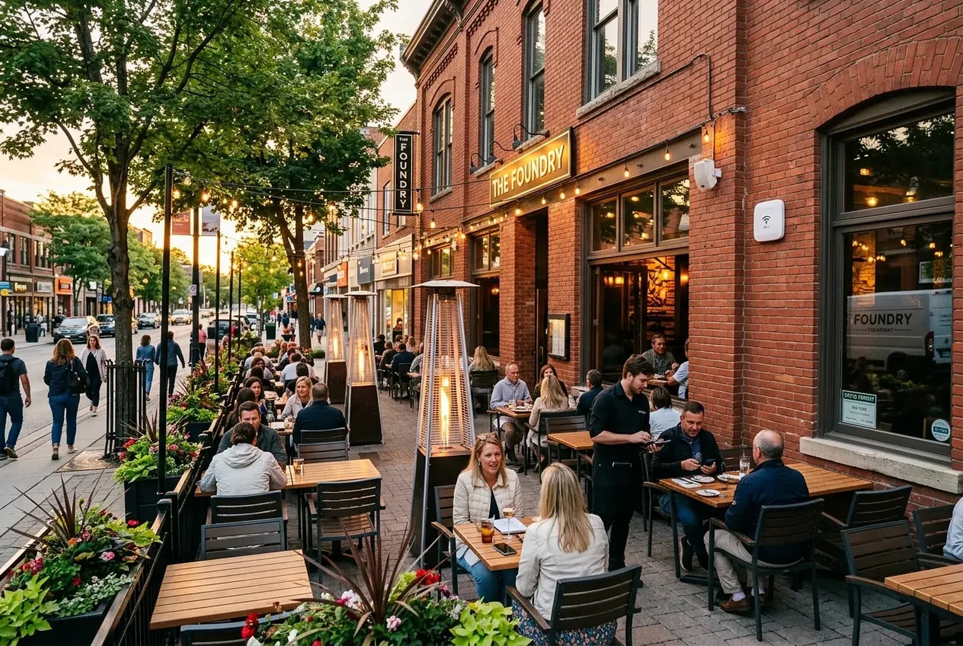 The sidewalk patio on a clear evening: tables under string lights and patio heaters, a server with a handheld at a far table, an outdoor access point on the wall, the catering van at the end of the block