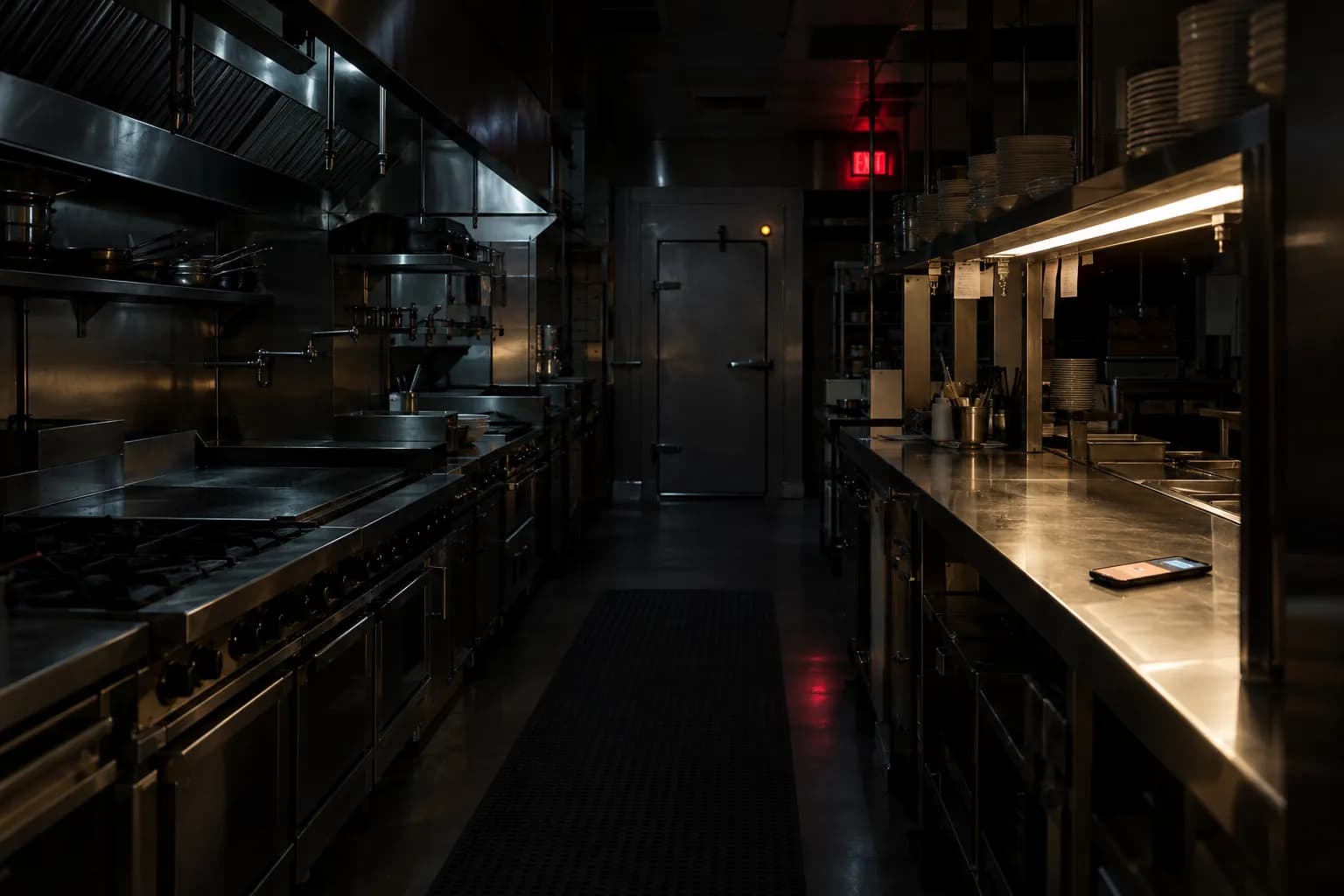 A dark restaurant kitchen at 01:14, the walk-in door shut, a phone on the pass lit with a single alert