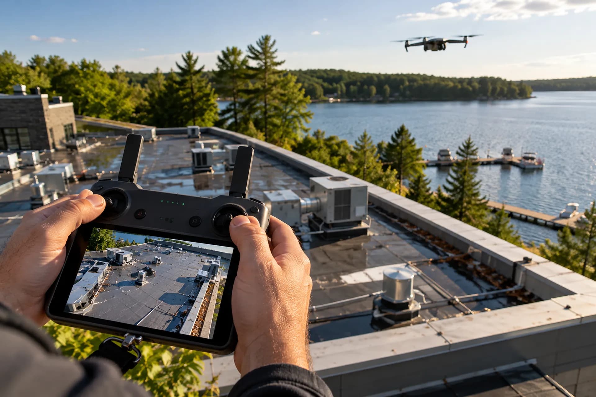 A drone pilot's hands on a controller whose screen shows a flat commercial roof from above with a blocked gutter, the real roof and a dock on a lake behind