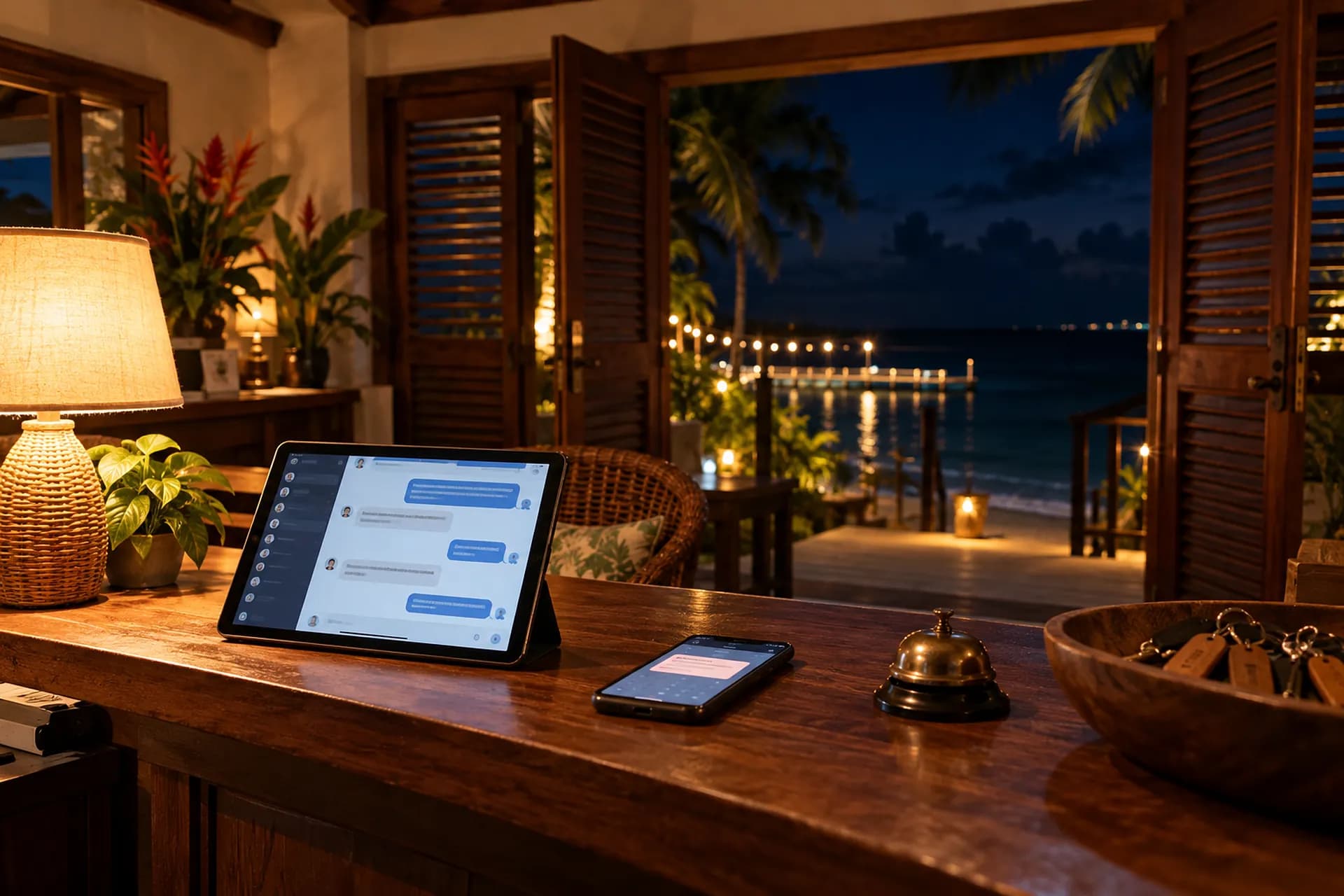 The empty front desk of a small guesthouse at night: a tablet glowing with a chat conversation, a phone lit with a calendar notification, the dark sea beyond the open doors