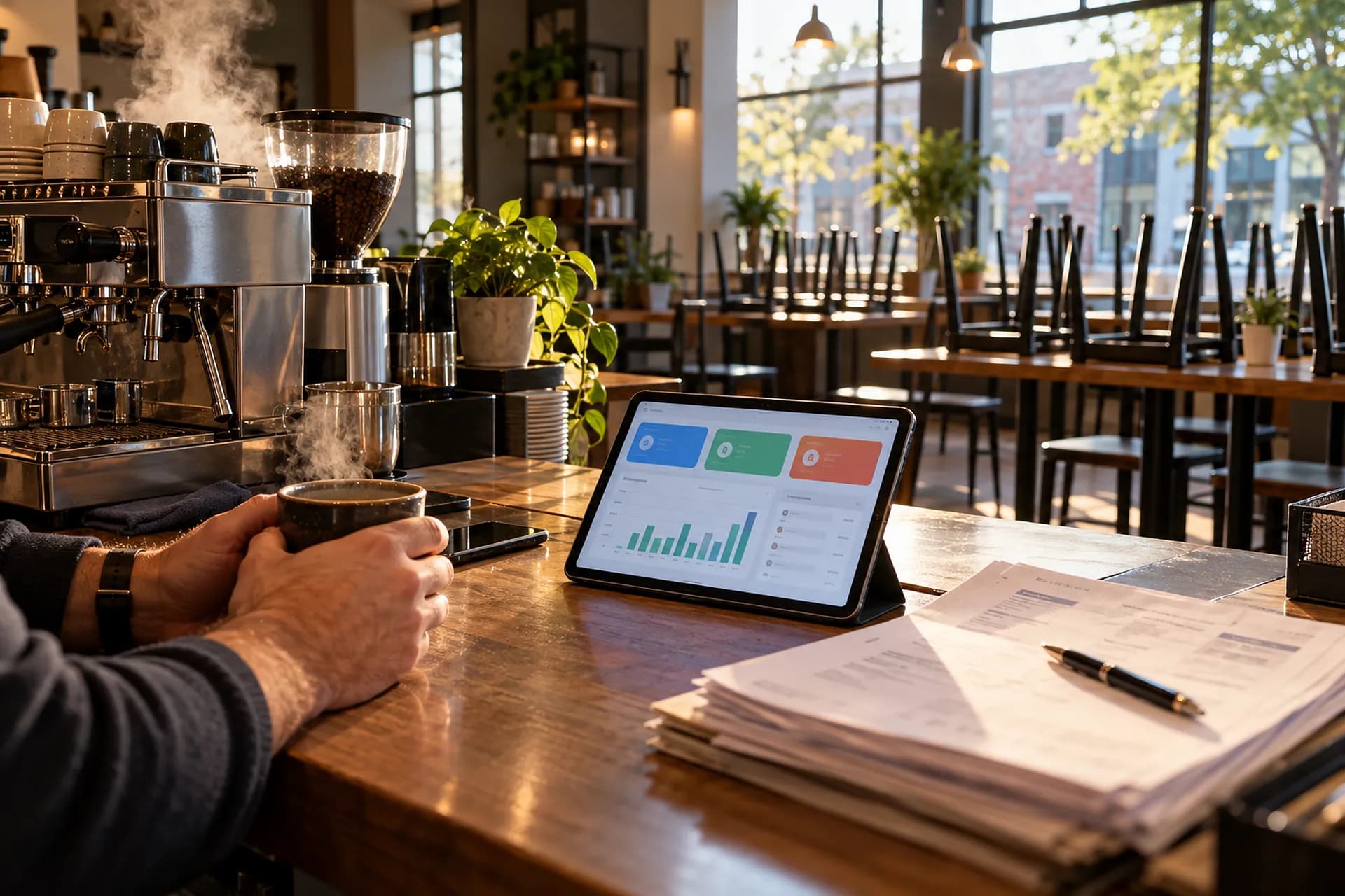 A café owner's hands around a coffee beside a tablet showing a dashboard of coloured tiles and a bar chart, a stack of supplier invoices under a pen