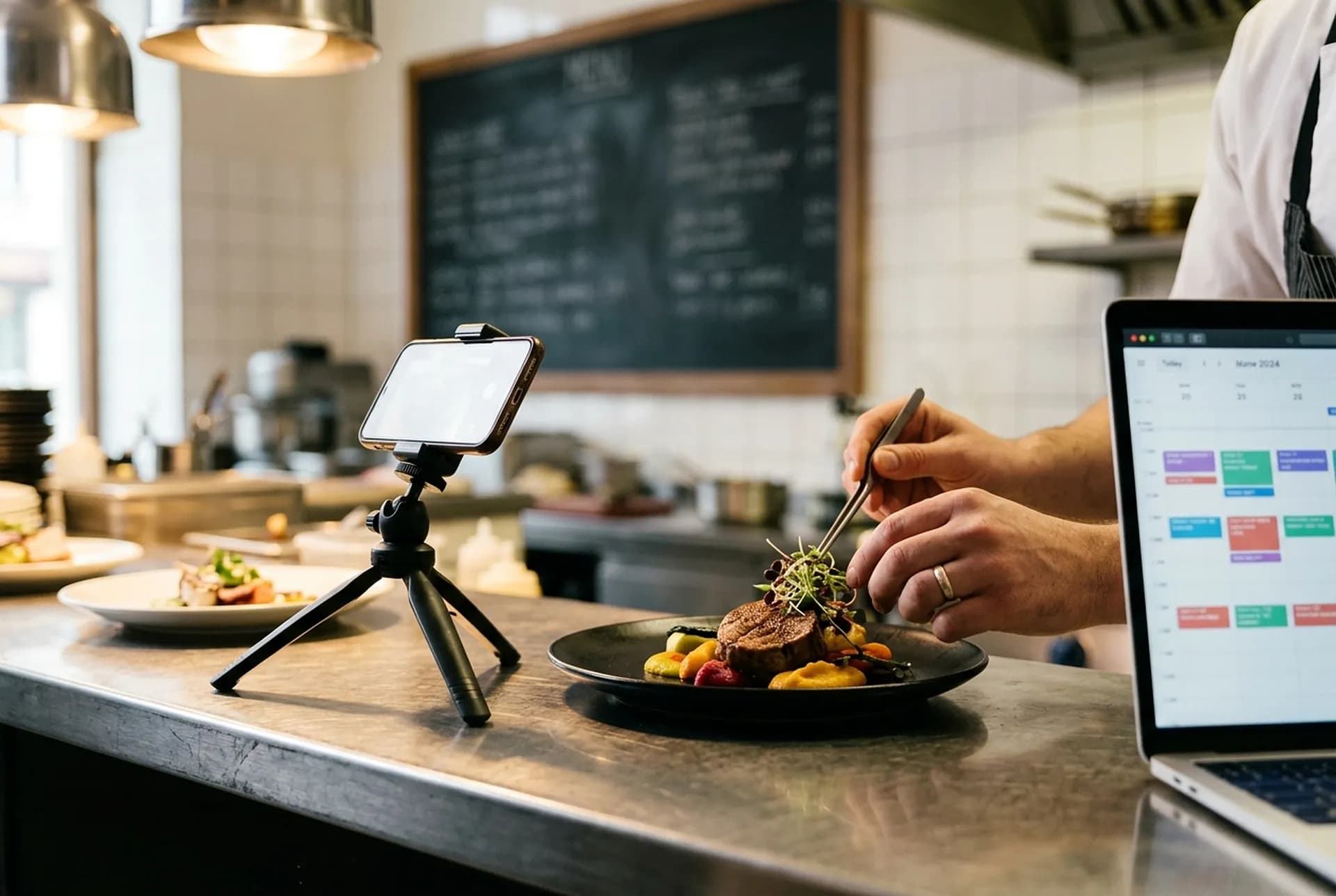 A phone on a small tripod photographing a plated special on a restaurant pass while a chef's hands adjust the plate; a laptop at the edge shows a week of scheduled posts as coloured blocks