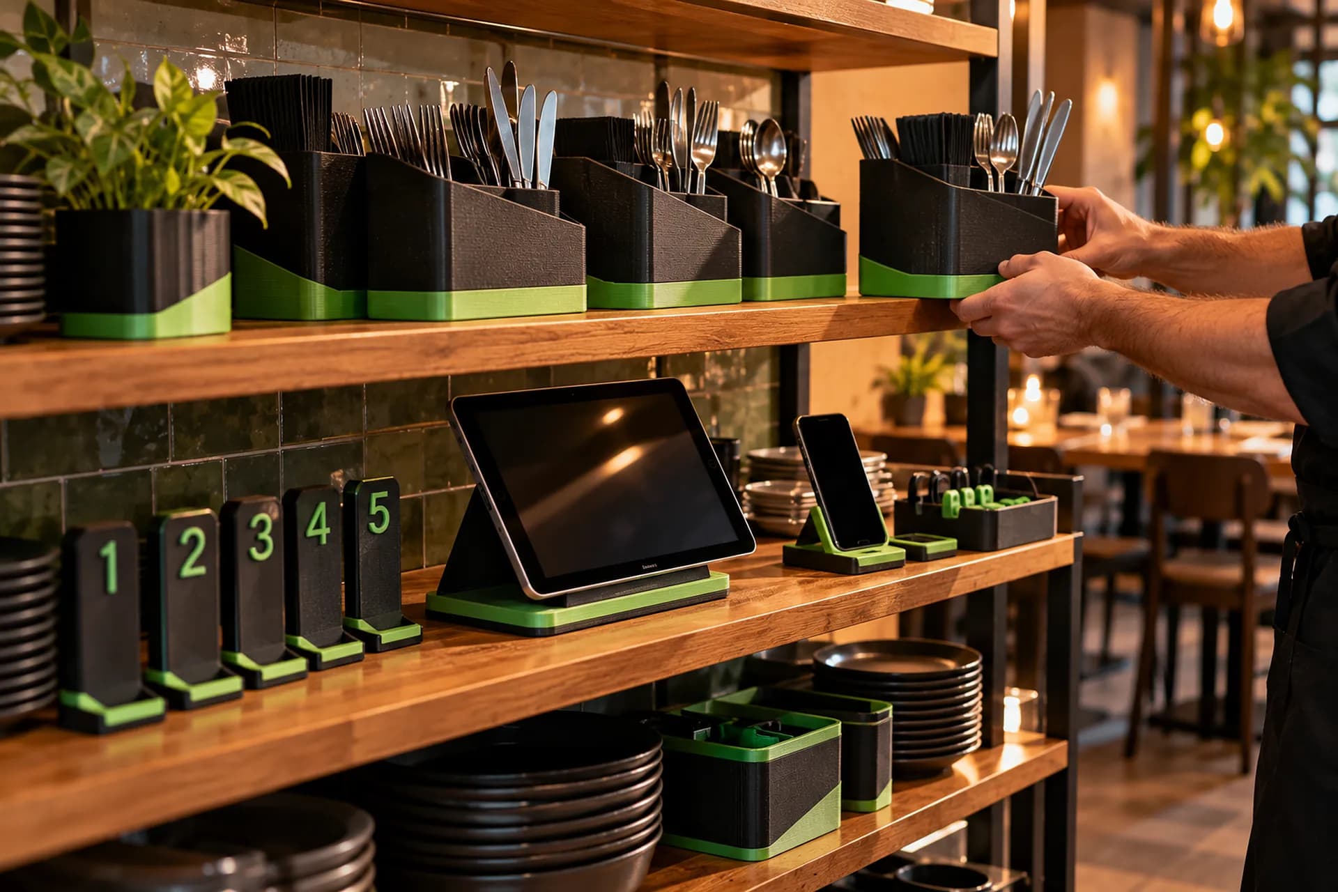 A restaurant shelf of 3D-printed pieces in one brand's colours: utensil caddies, a tablet stand, numbered table markers, a phone dock and a small planter