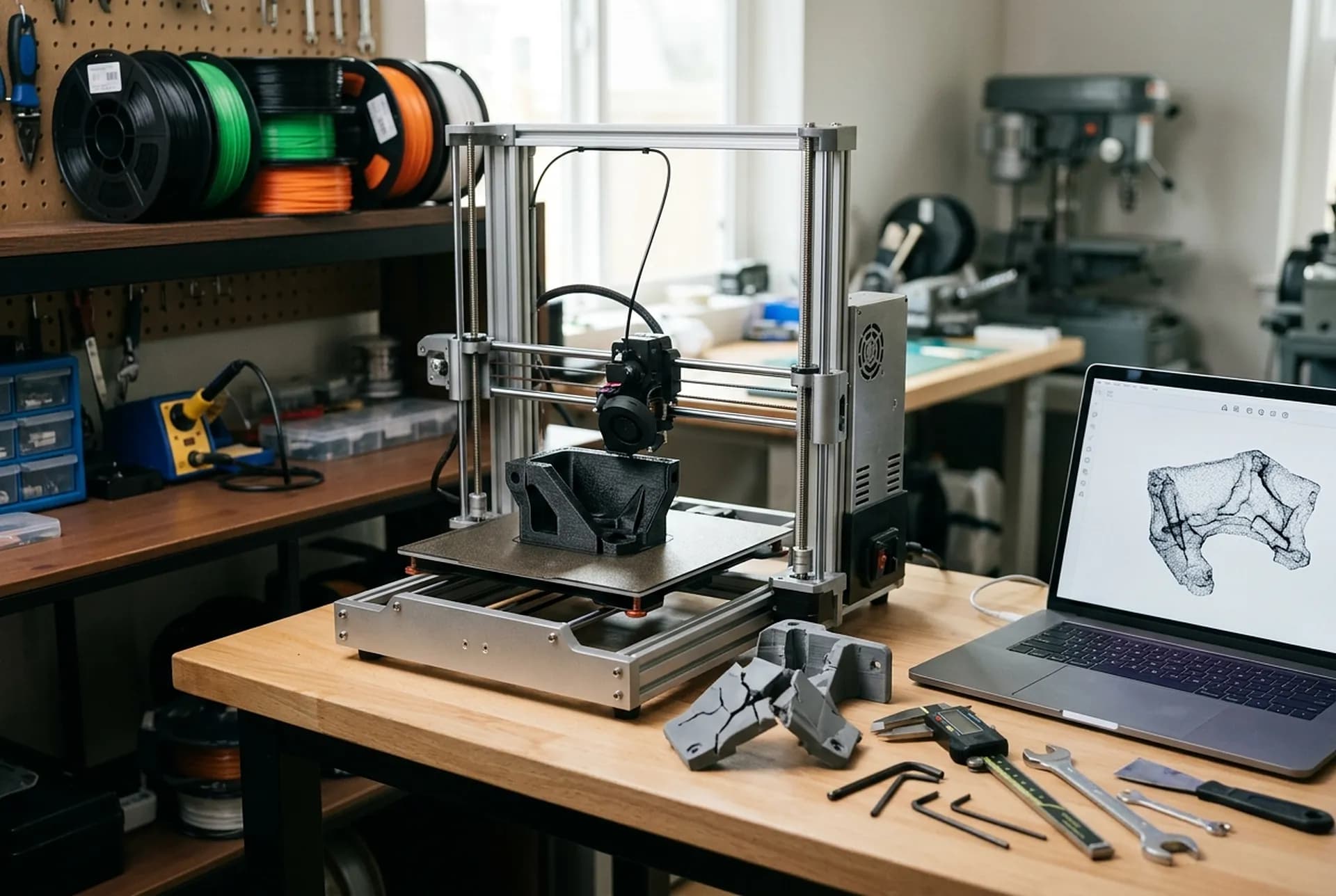 A desktop 3D printer mid-print on a black carbon-fibre bracket, the cracked original and digital calipers beside it, a laptop showing the scanned mesh