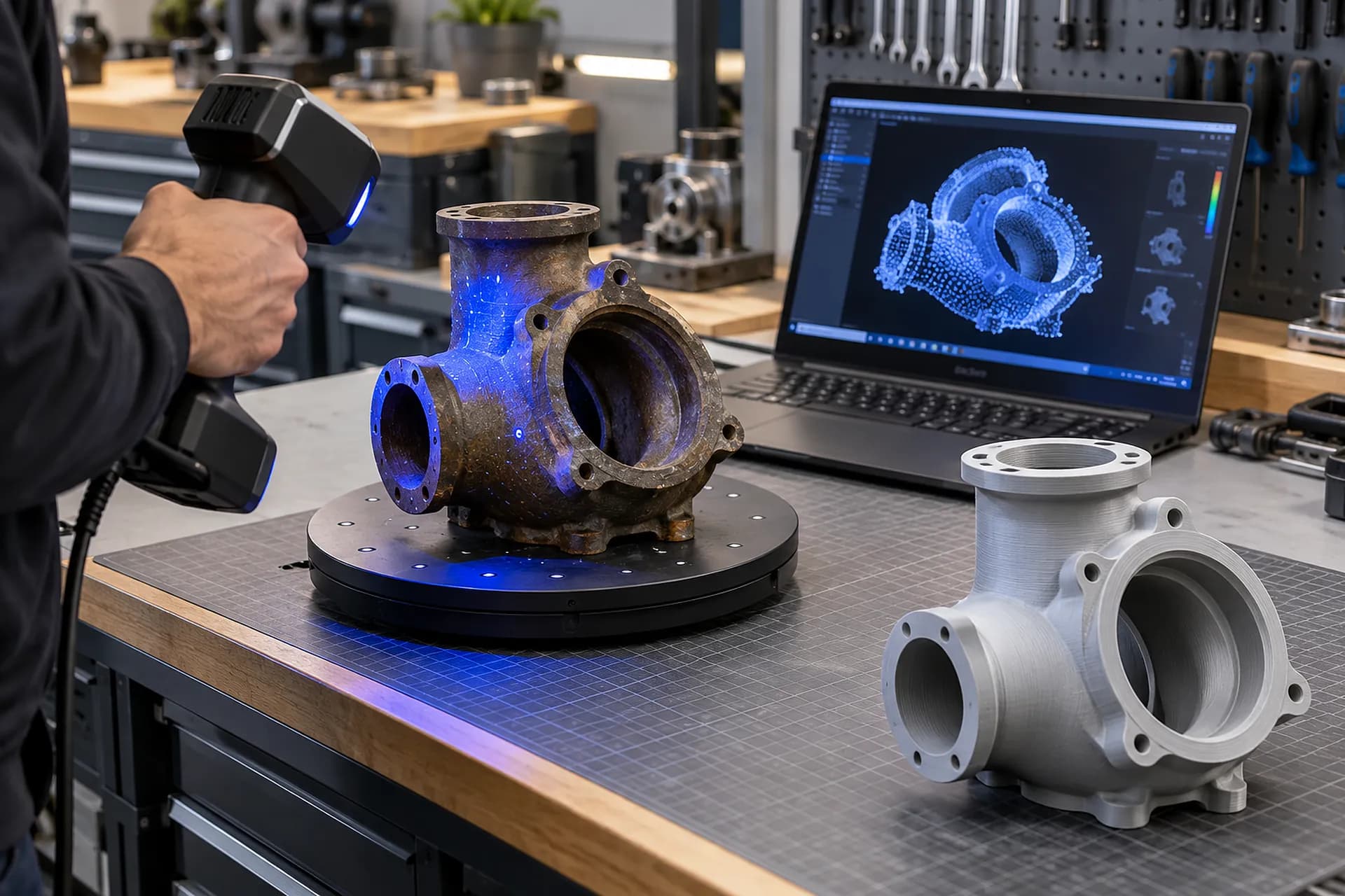 A handheld 3D scanner sweeping a worn cast-iron impeller housing on a turntable, a laptop building the mesh as a dense point cloud, the printed replacement beside the original