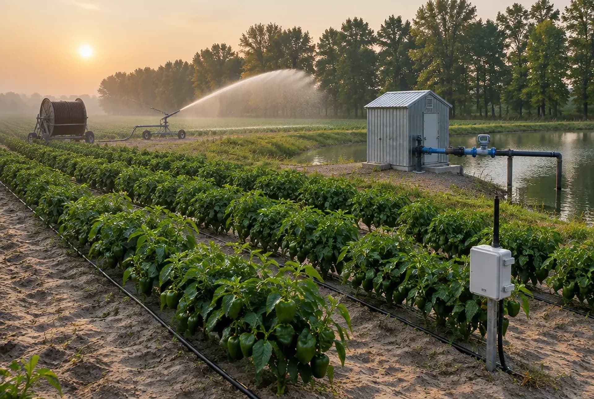 Drip-irrigated pepper rows on sandy Norfolk County soil, a hard-hose traveller running in the next block and the pump house by the pond