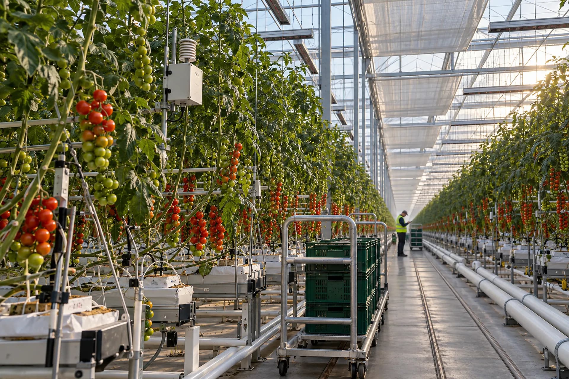 Inside a glass tomato greenhouse: high-wire rows, white heating pipes, energy screens half drawn and a climate sensor at canopy height