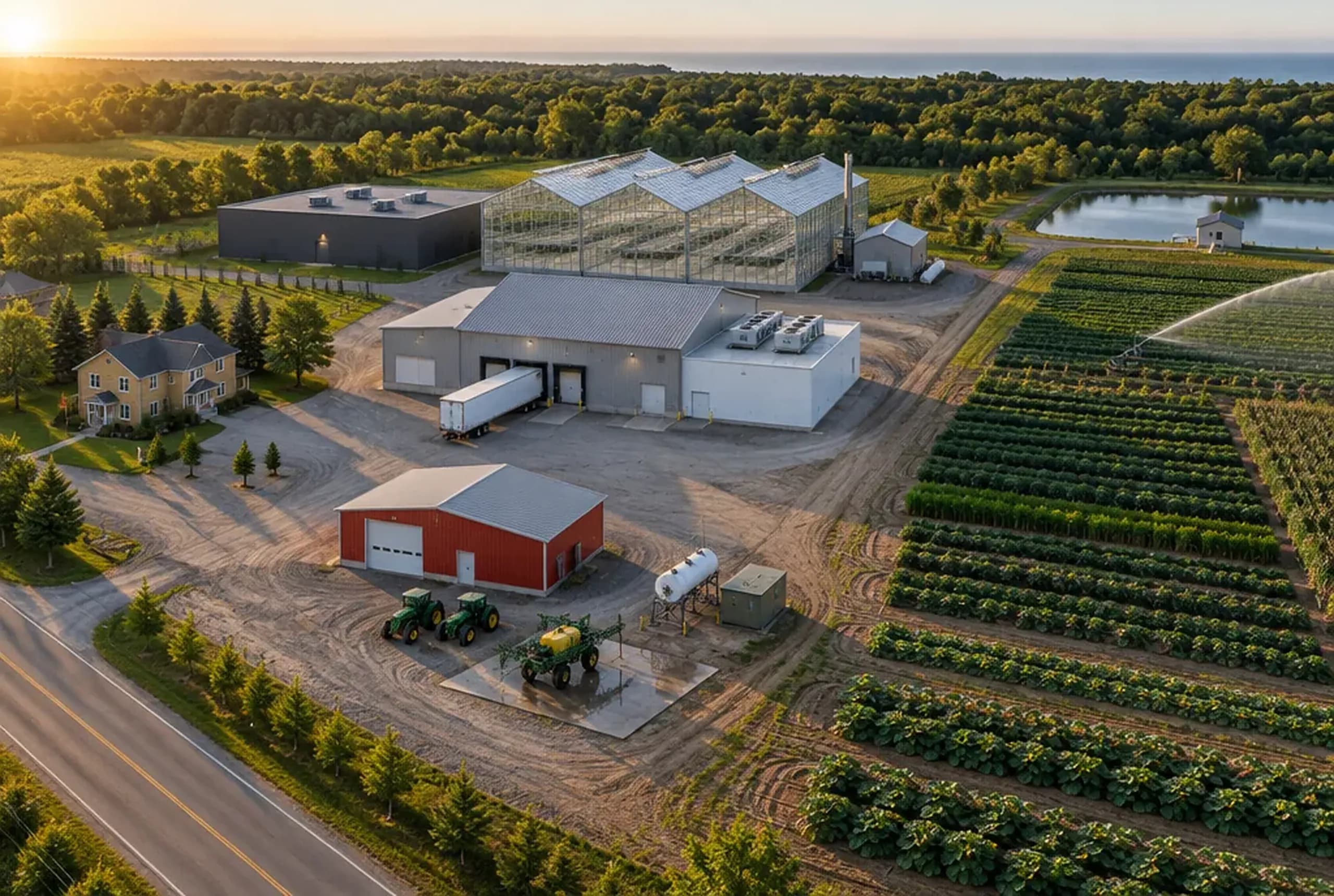 Aerial view of Maple Ridge Growers: three glass greenhouse bays, a windowless grow building, a packhouse with a reefer at the dock, the yard, the farmhouse office and irrigated vegetable fields