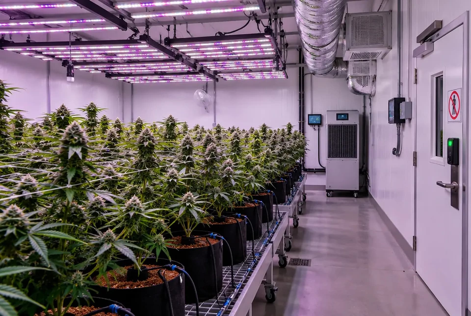 A licensed cannabis flower room under LED bars, with the room controller, dehumidifier and a badge-reader door