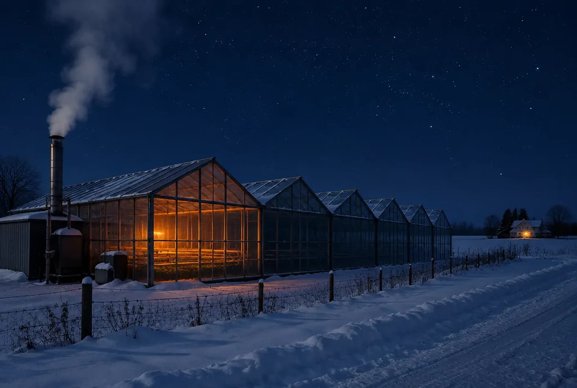 A greenhouse range at night in deep cold, one bay glowing faintly from its heating pipes, snow on the ground
