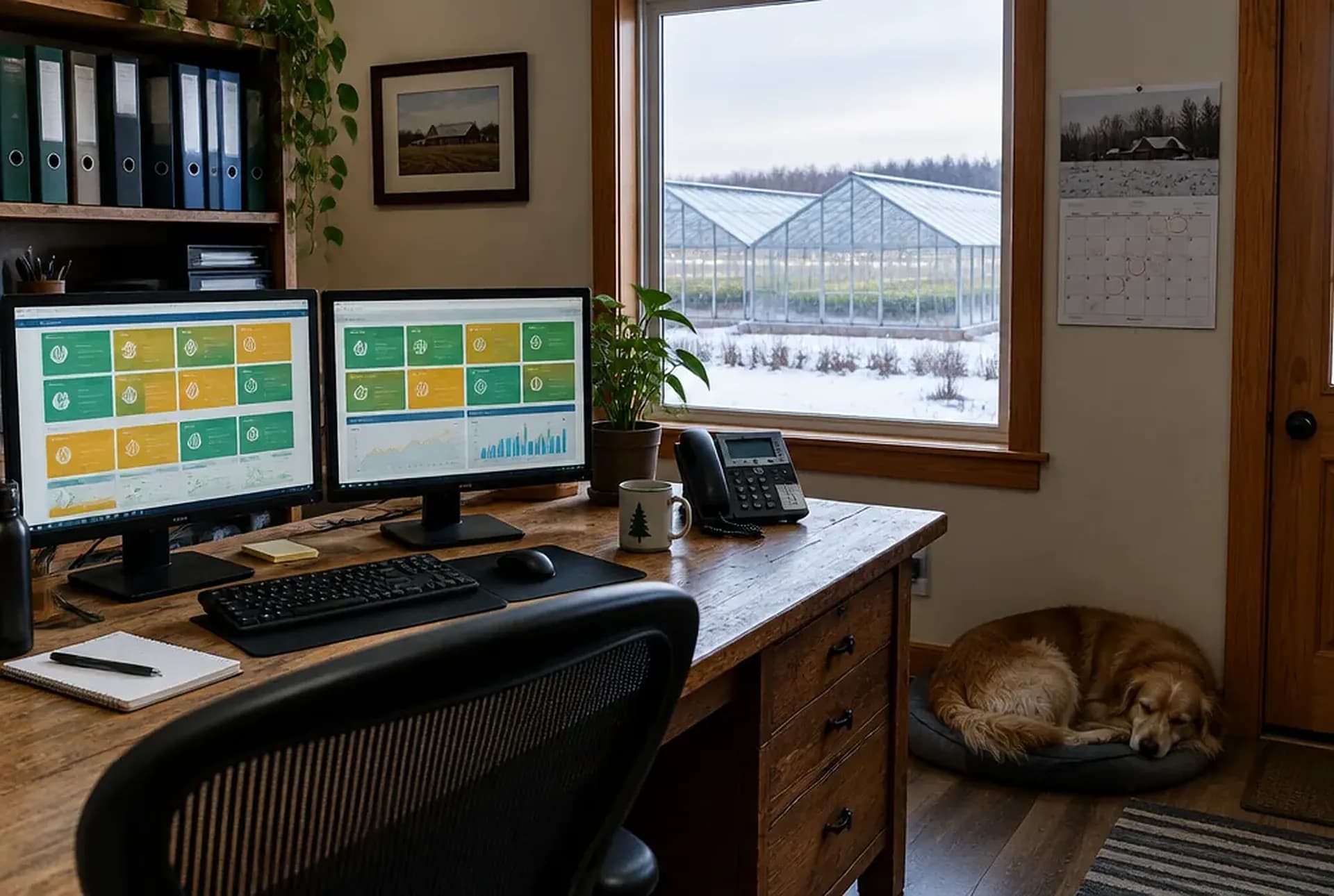 The farmhouse office: two screens showing the dashboard, a wall calendar with circled dates, audit binders and a window onto the greenhouse range