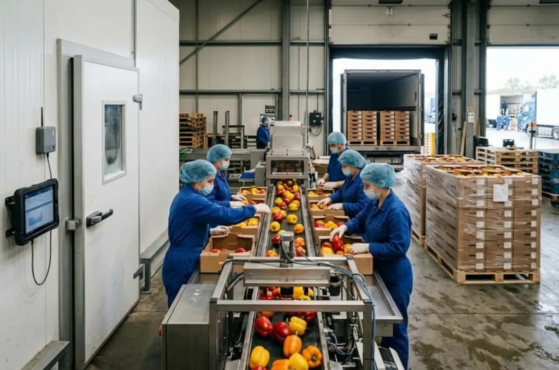 Inside the packhouse: the grading line, packed pepper trays, wrapped pallets at the dock door and the cold-room door with its sensor