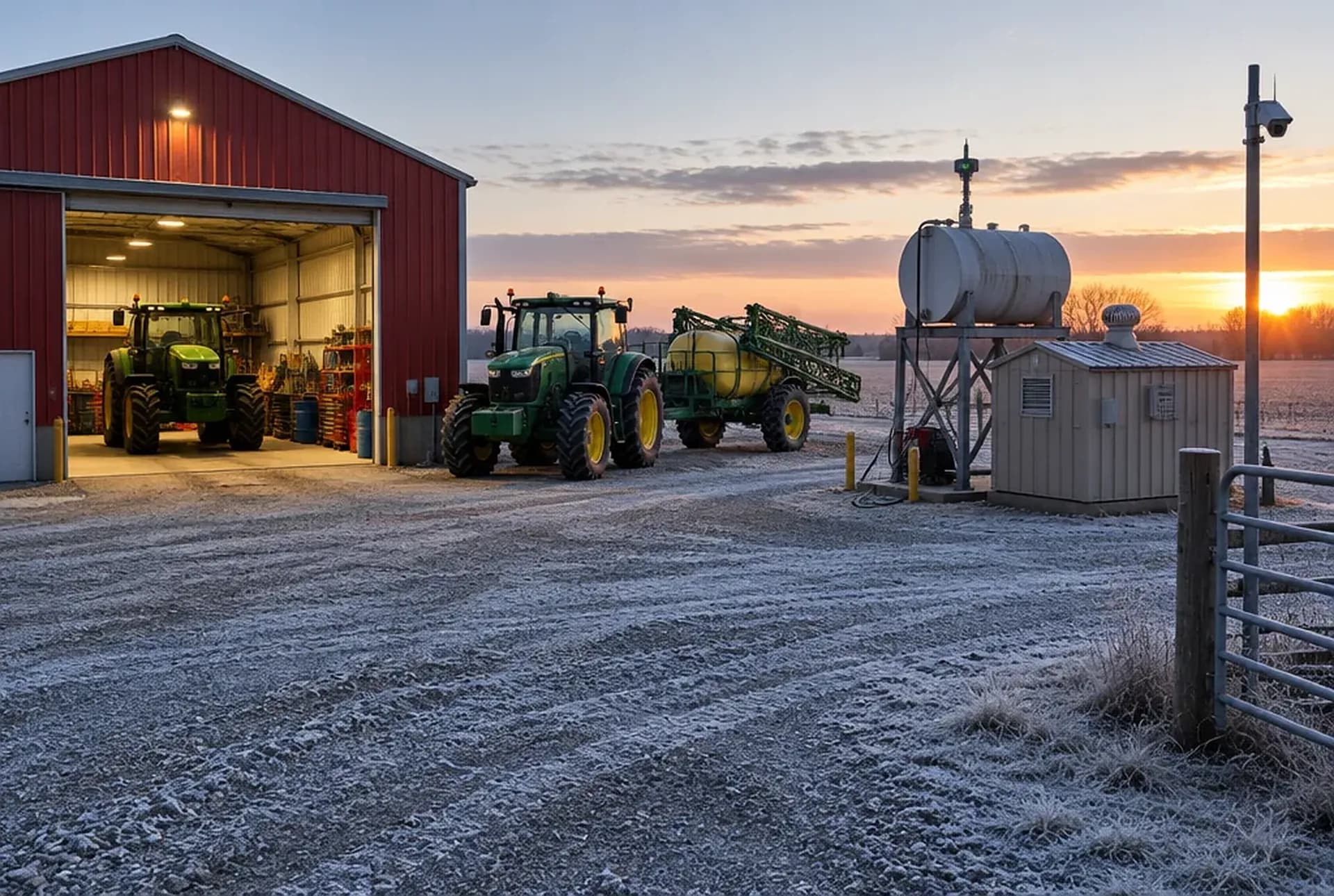 The equipment yard at dawn: the shop with its bay door up, two tractors, a sprayer, the diesel tank and the generator shed